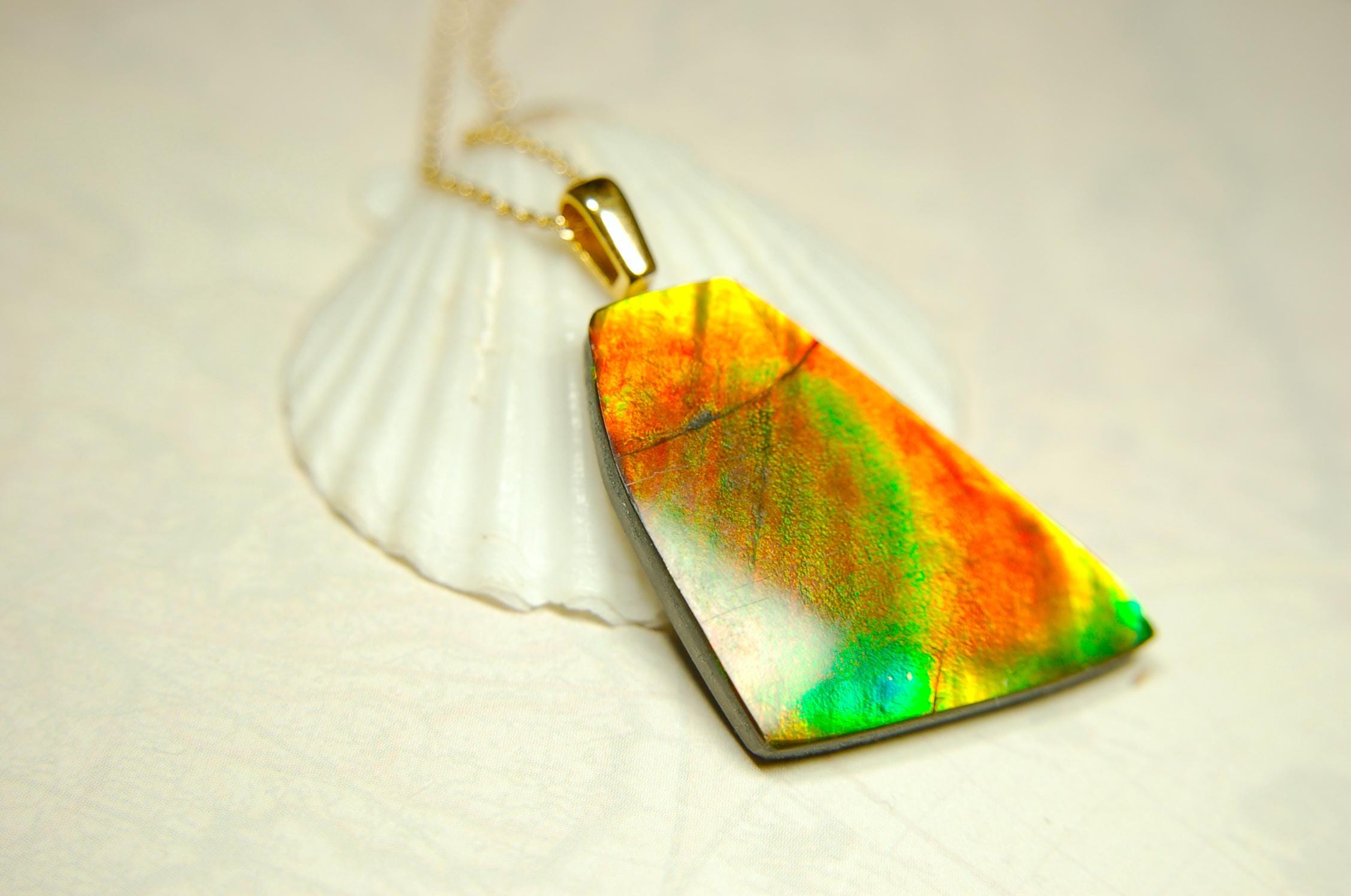 Ammolite Pendant.Natural Cabochon with strong color changing abilities.14kGF Gold bail.Elevate your style.030716