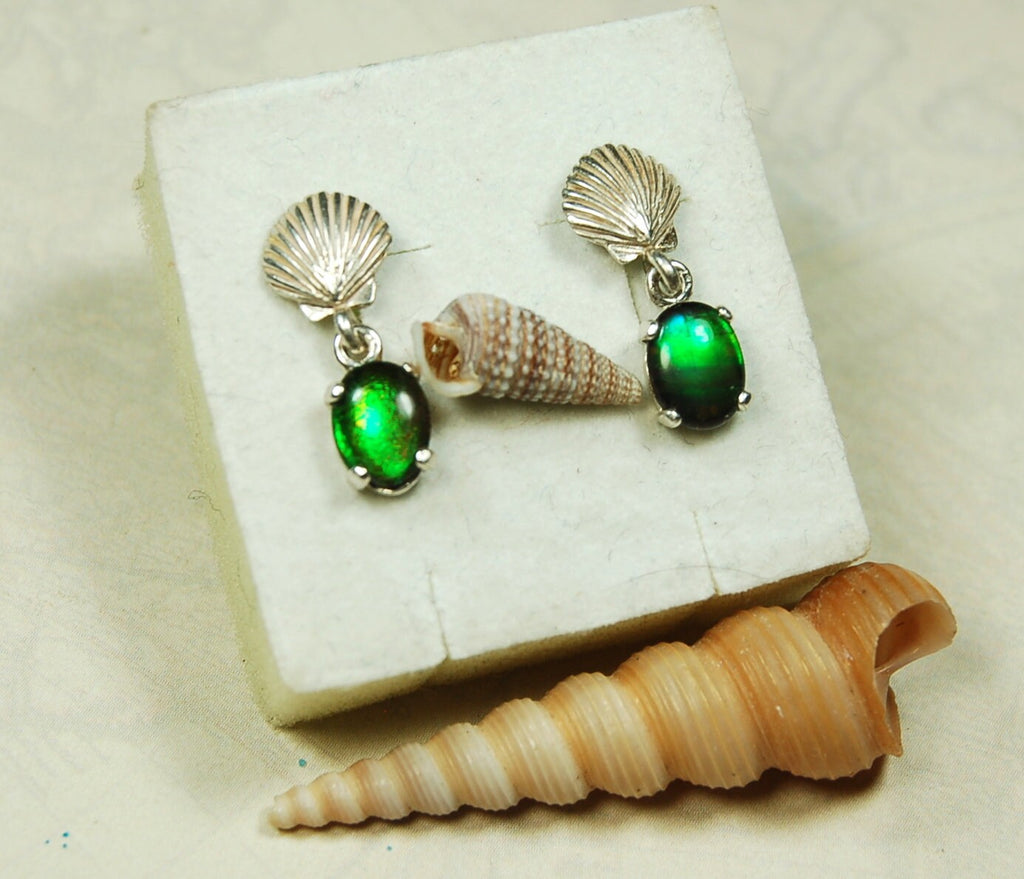 Ammolite Earrings.Brilliant green gems Ammolite jewelry.Details below.