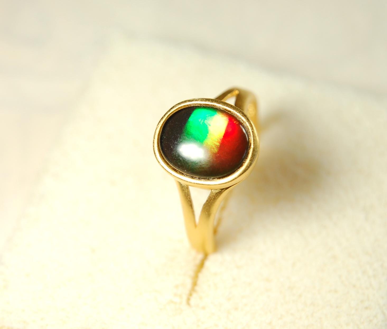 Gold Vermeil Ammolite Ring: Genuine Four-Color Gemstone, Adjustable Band 071114
