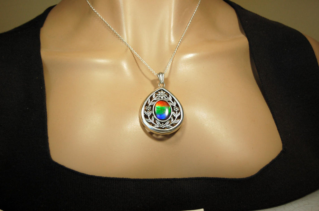 Anniversary gift idea for wife.Ammolite Jewelry Pendant with Rainbow pattern set in solid sterling silver.040416