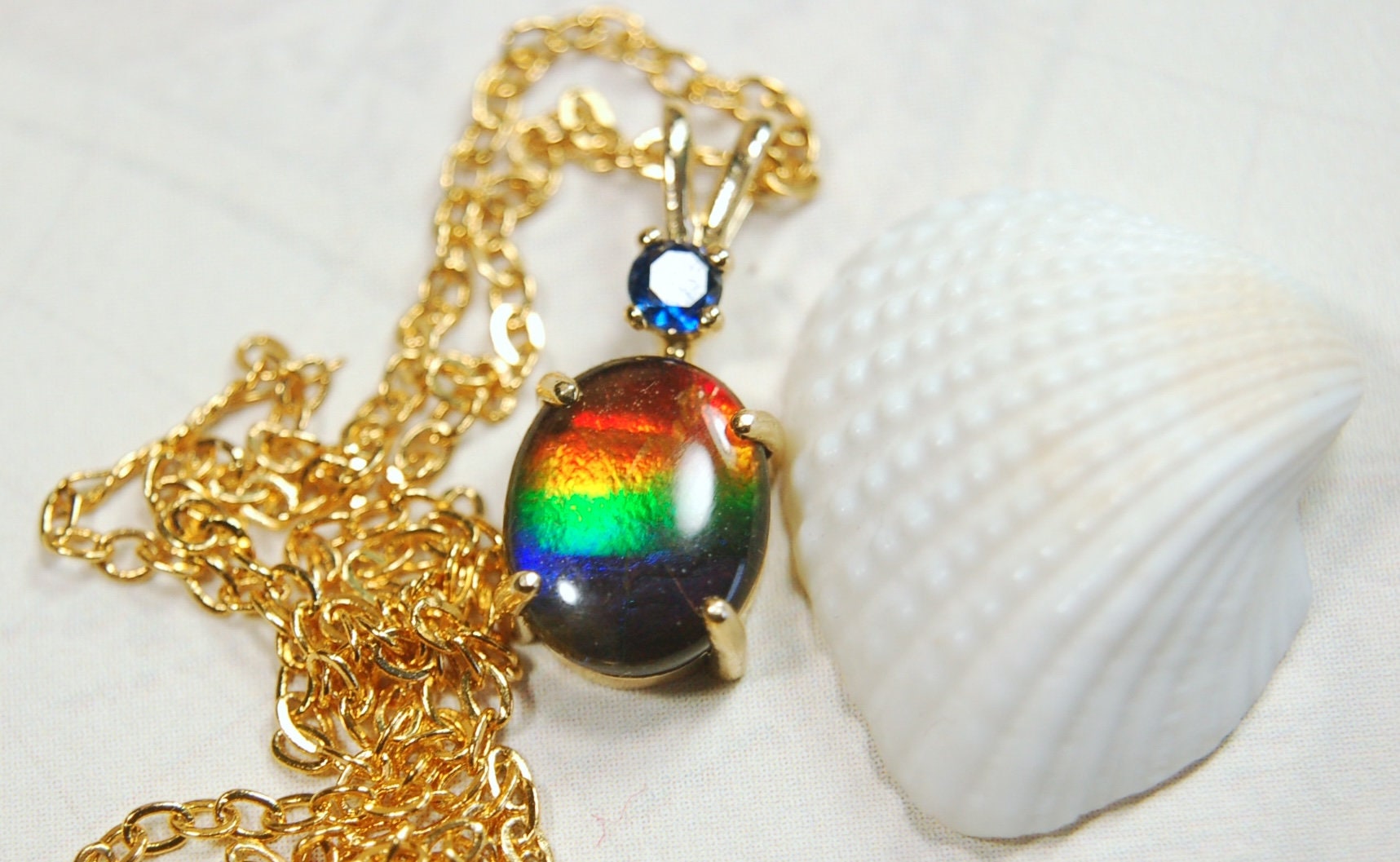 Petite Ammolite Jewelry Pendant in solid 10k Gold with Sapphire.Canadian Ammolite The Perfect Birthday Gift for Wife.032614