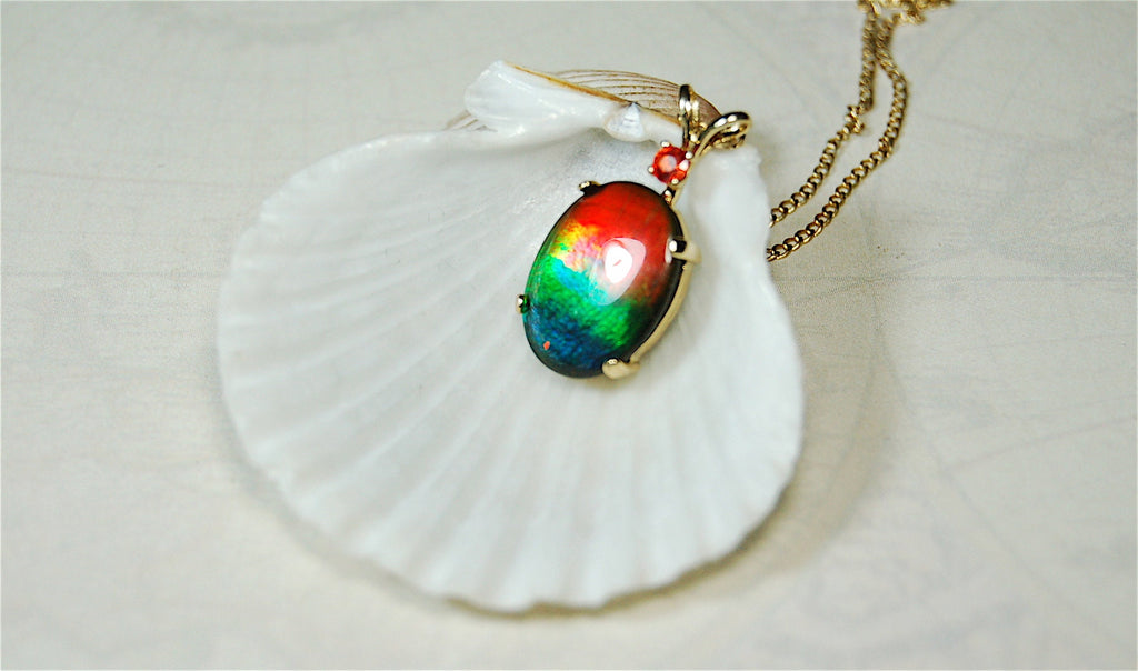 Vibrant Ammolite Pendant in 10k solid Gold with Chain - Eye-Catching Ammolite Jewelry for a Standout Style.Birthday Gift for her?#082919