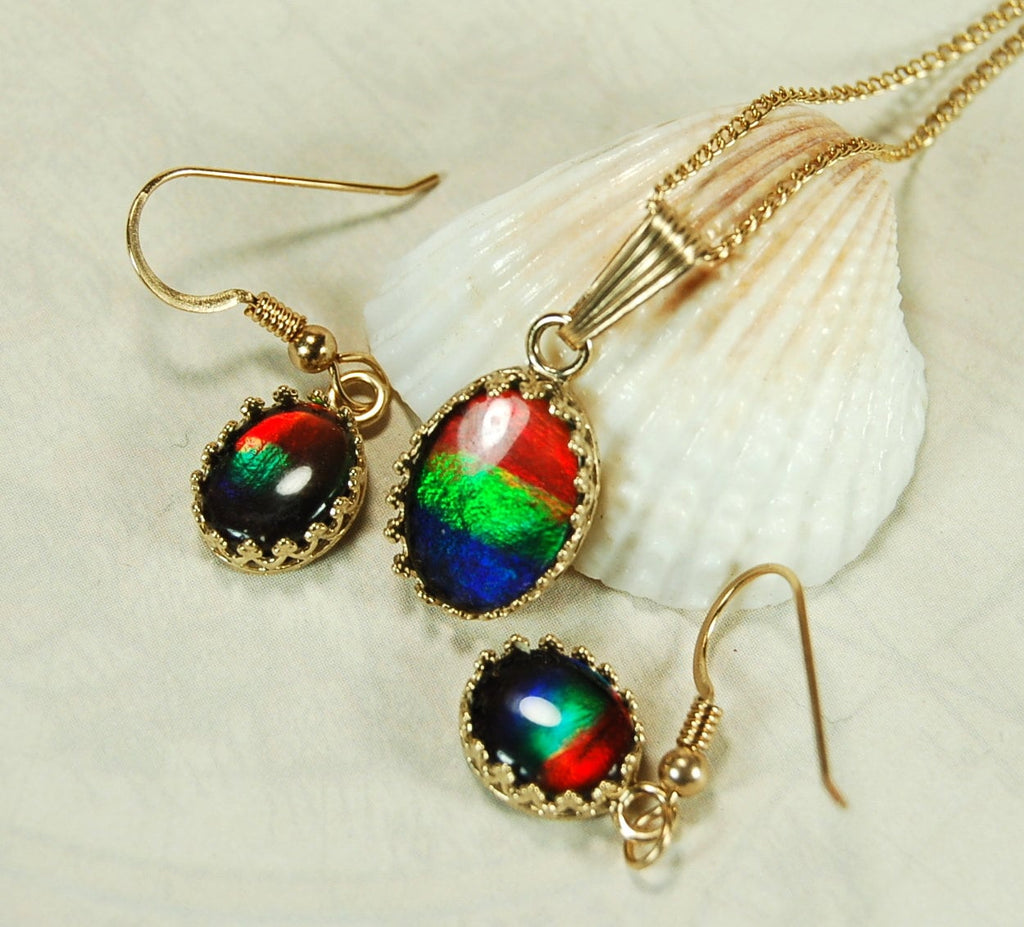 Ammolite Jewelry Set 14k Gold.Bright High Quality tricor gems.Memorable RARE gift for wife.Quality fashion accessory.112510