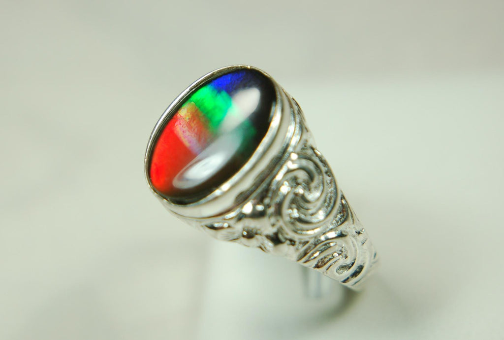 Ammolite Mens Ring set in sculptured sterling silver.Powerful bright tricolor gemstone in size 10.#70615