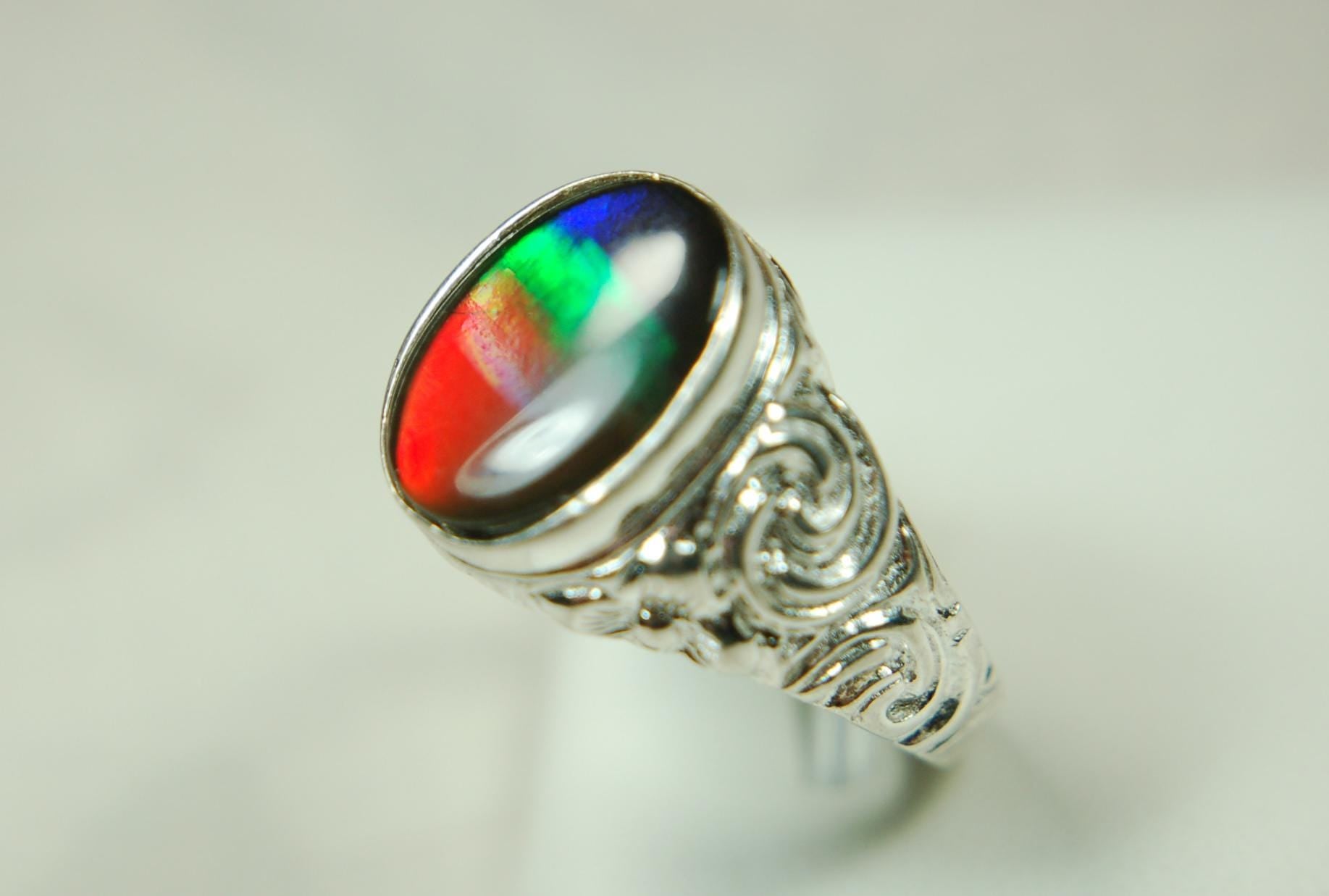 Ammolite Mens Ring set in sculptured sterling silver.Powerful bright tricolor gemstone in size 10.#70615
