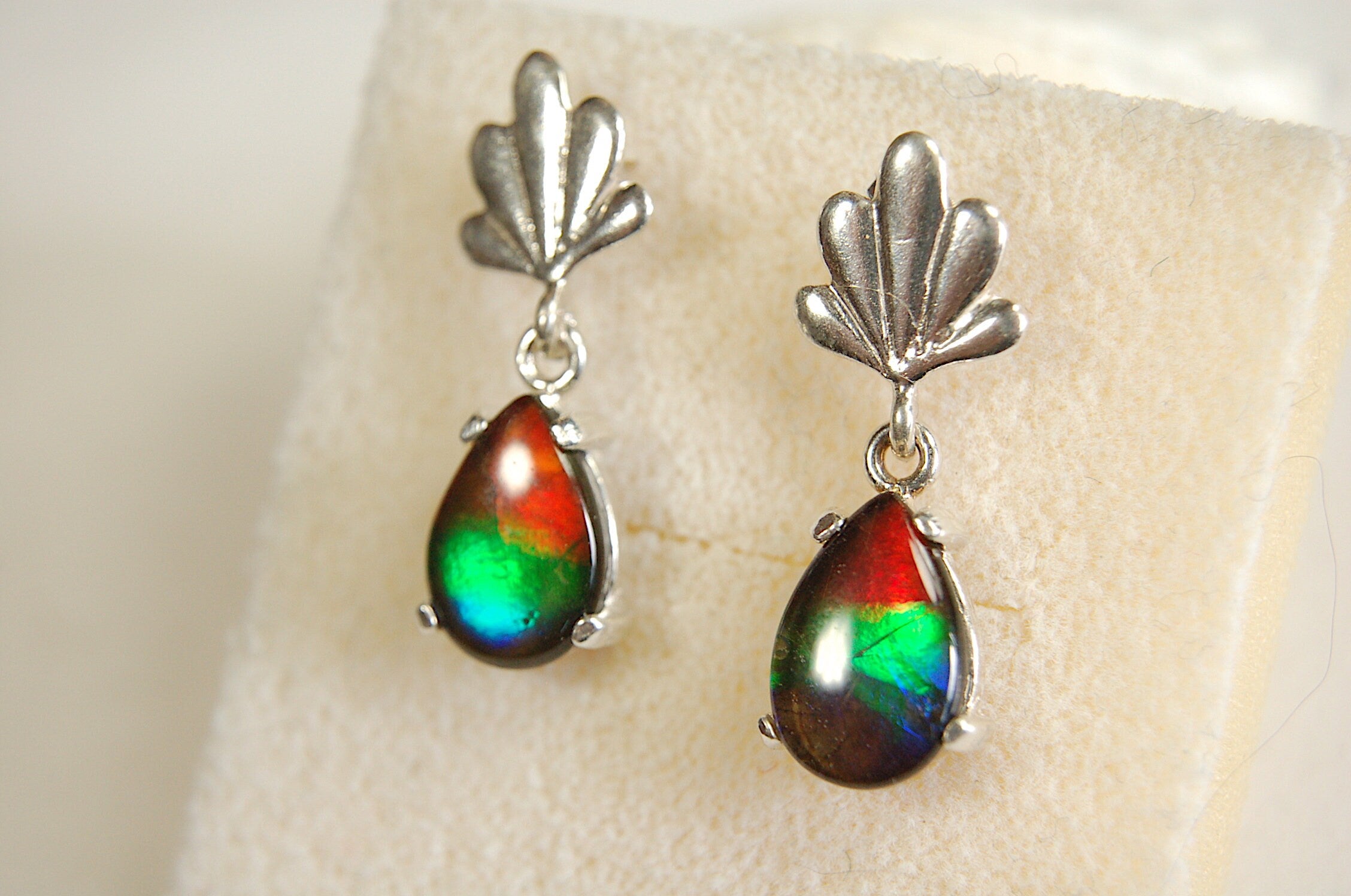 Ammolite Earrings.Bright tricolor gems from Alberta Canada with signed warranty.#031313.