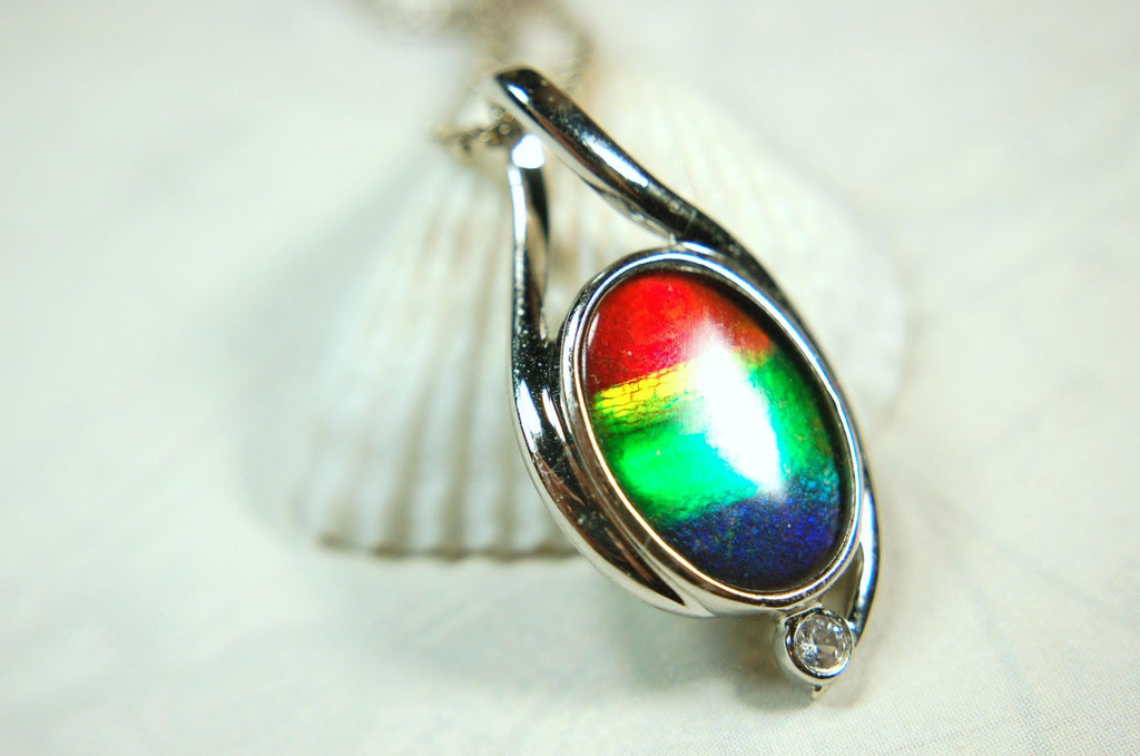 Sterling Silver Ammolite Pendant – Natural Rainbow Fossil Gemstone Necklace – Handmade Jewelry-.052015