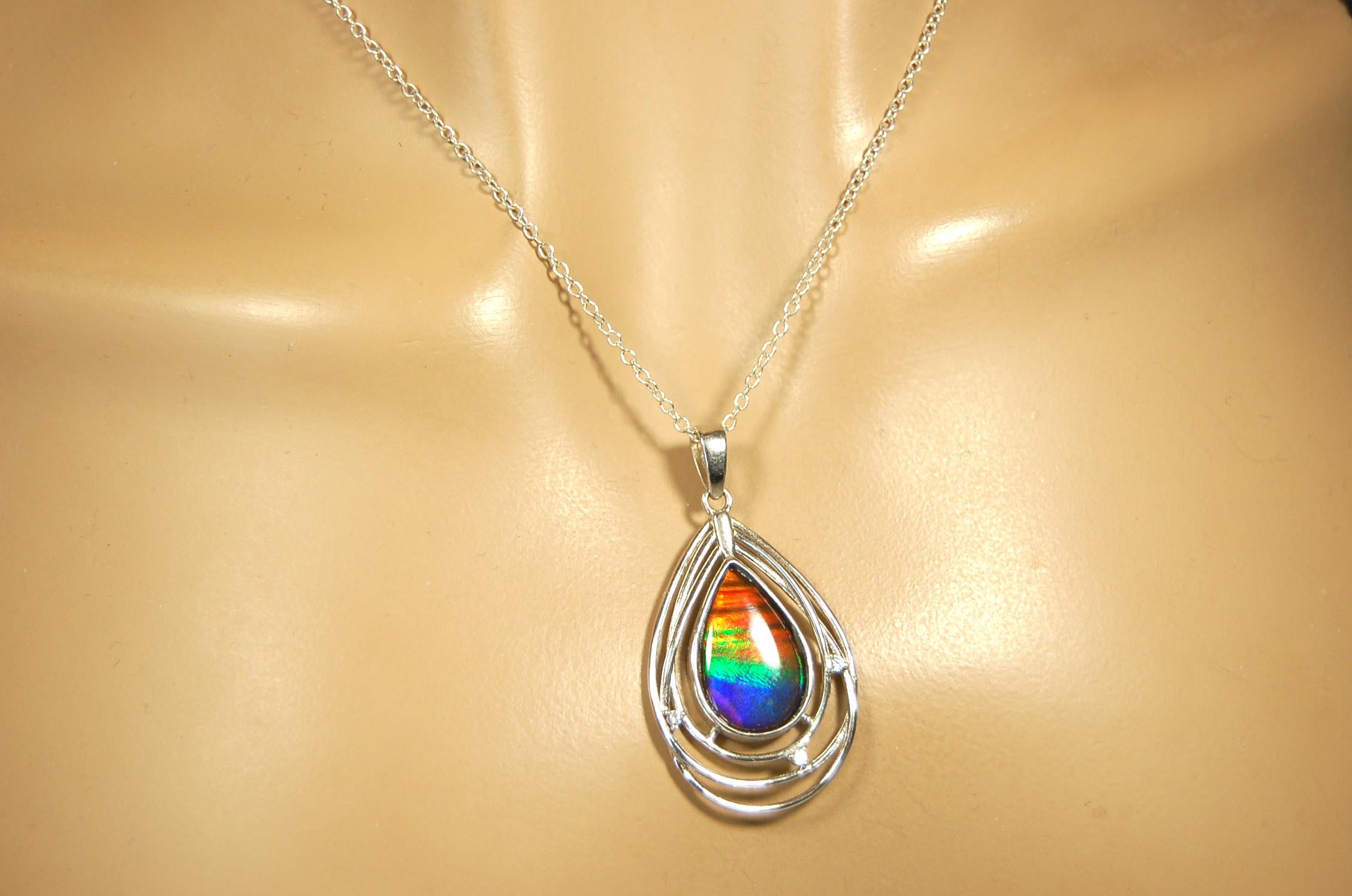 Ammolite Jewelry Pendant.RARE Tiger stripe gem.Unique gemstone.Non Allergenic Rhodium plated Sterling Silver setting.Gift for wife? 032916