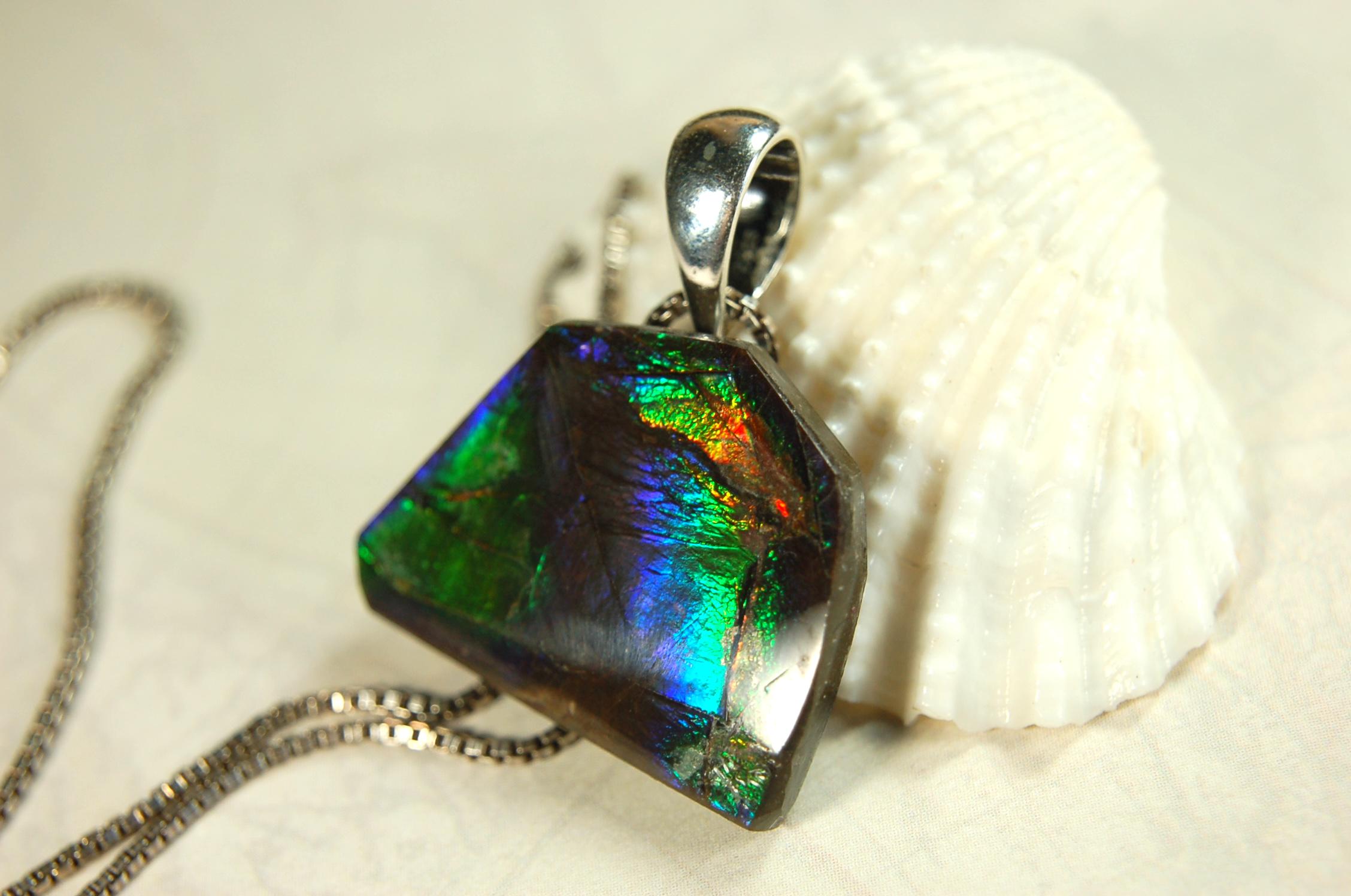 Ammolite Jewelry Pendant Certified Canadian Gem.Ammolite Freeform Gem.Unisex and minimalist Style Jewelry.Gift idea?Must see video. 081714