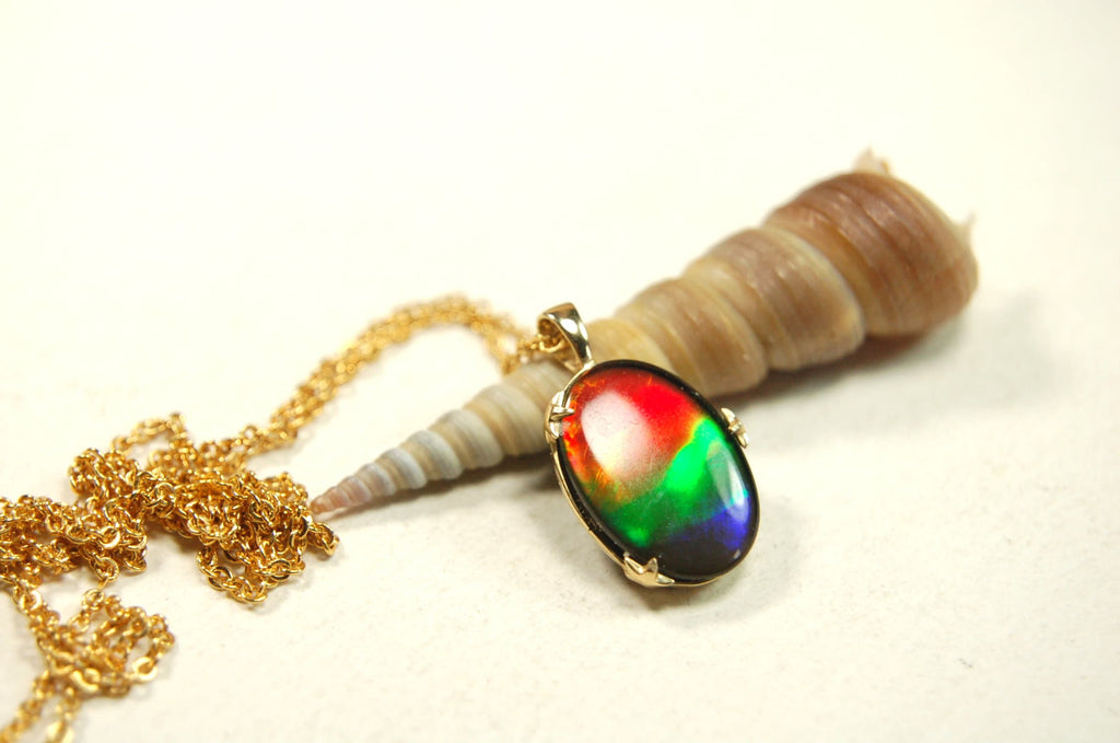 Ammolite Jewelry Pendant in solid 14k Gold.Top quality rainbow gem.Perfect RARE Mothers day gift she is sure to treasure.
