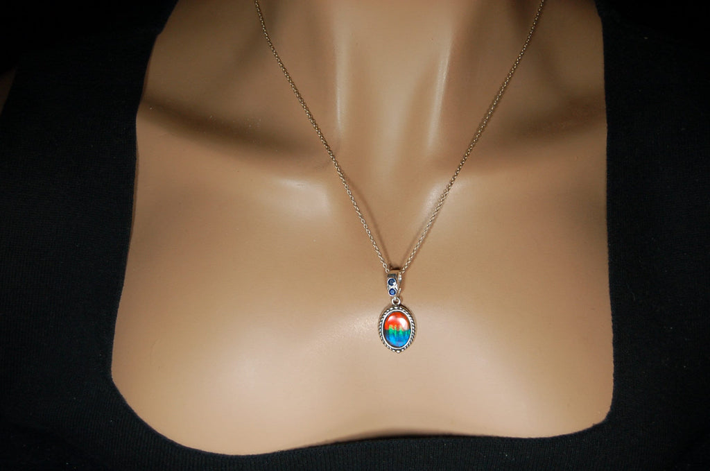 Ammolite Pendant Necklace.Solid sterling silver setting.Bright Rainbow colors. Sapphire studded bail.Unique gift for wife.102429