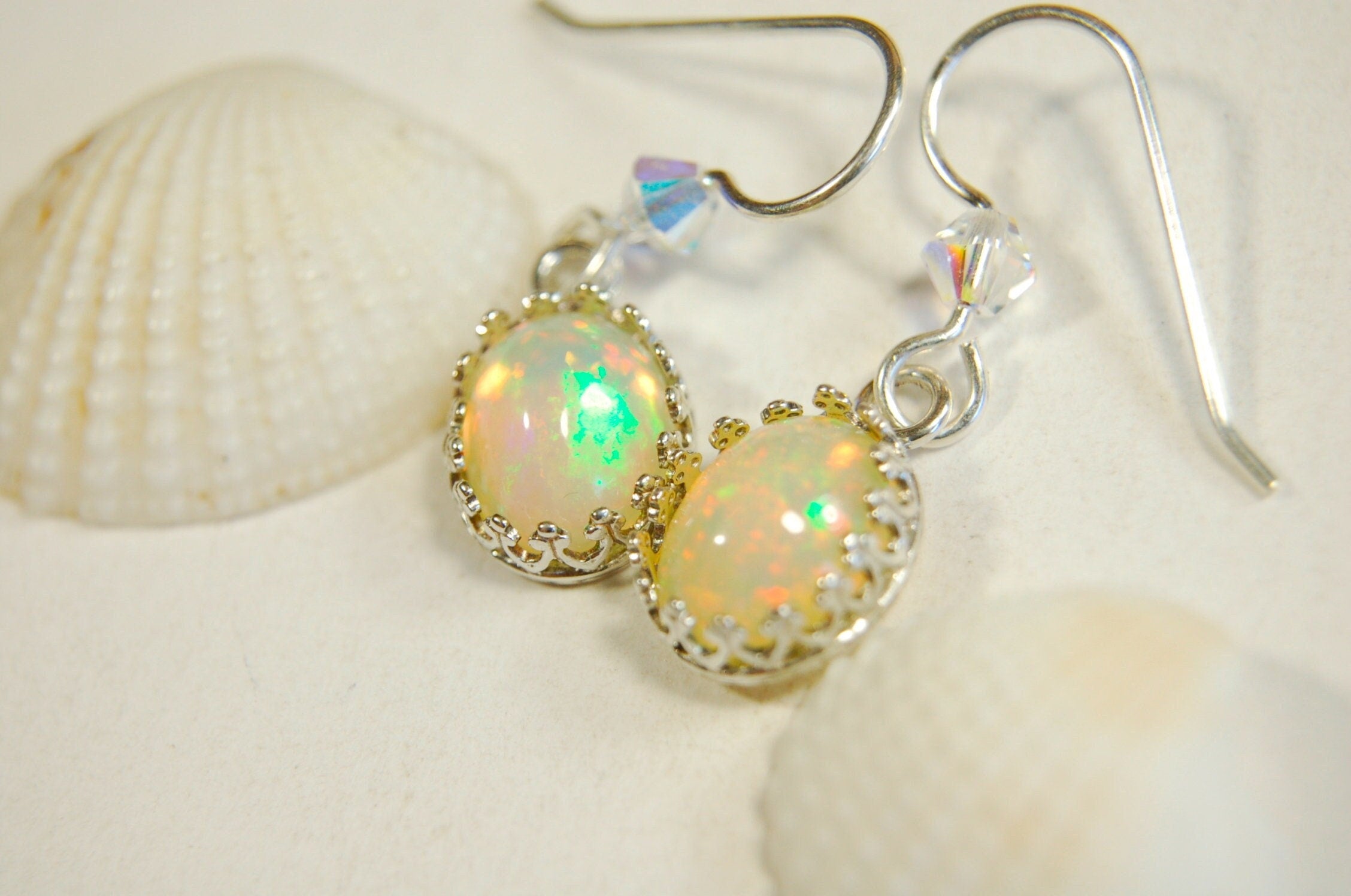 Genuine Natural Opal Earrings Drops set in Argentium* non tarnish Sterling Silver.Lovely changing colors.#032813