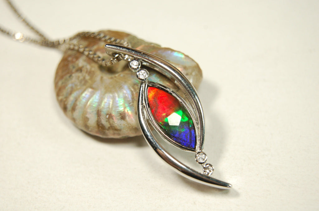 Ammolite jewelry Pendant from Canada.Colorful necklace.Rainbow three color gemstone.Perfect gift for wife.Beautiful setting.#042413