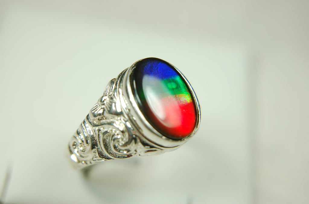 Ammolite Mens Ring set in sculptured sterling silver.Powerful bright tricolor gemstone in size 10.#70615