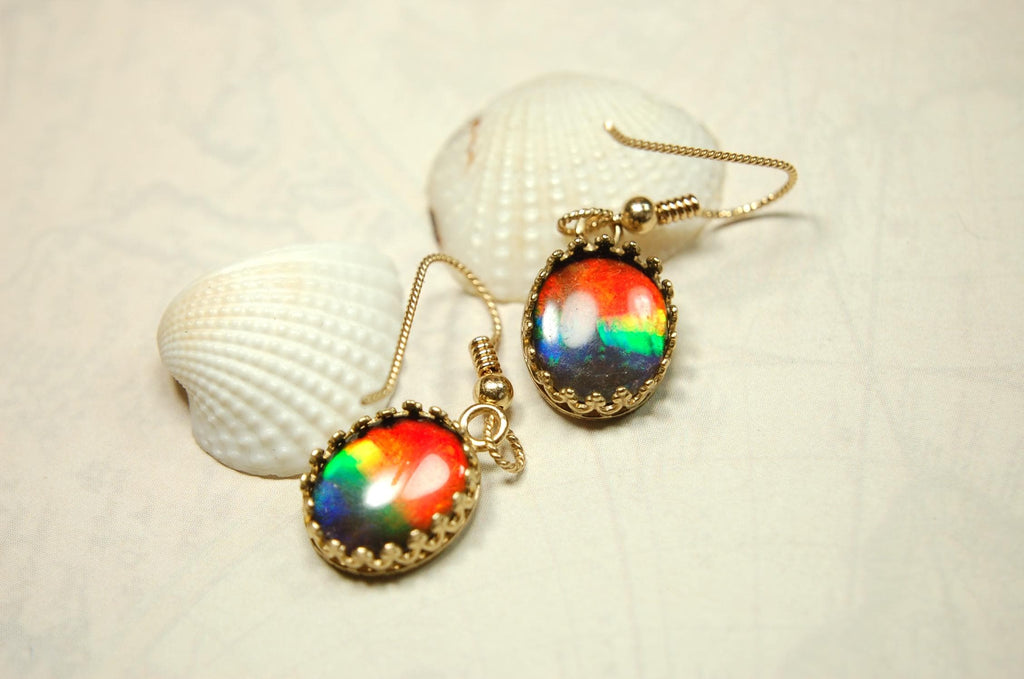 Exquisite Ammolite Earrings in 14k Gold.High Quality RARE Four Color Rainbow gems.Perfect gift Idea for wife..091214