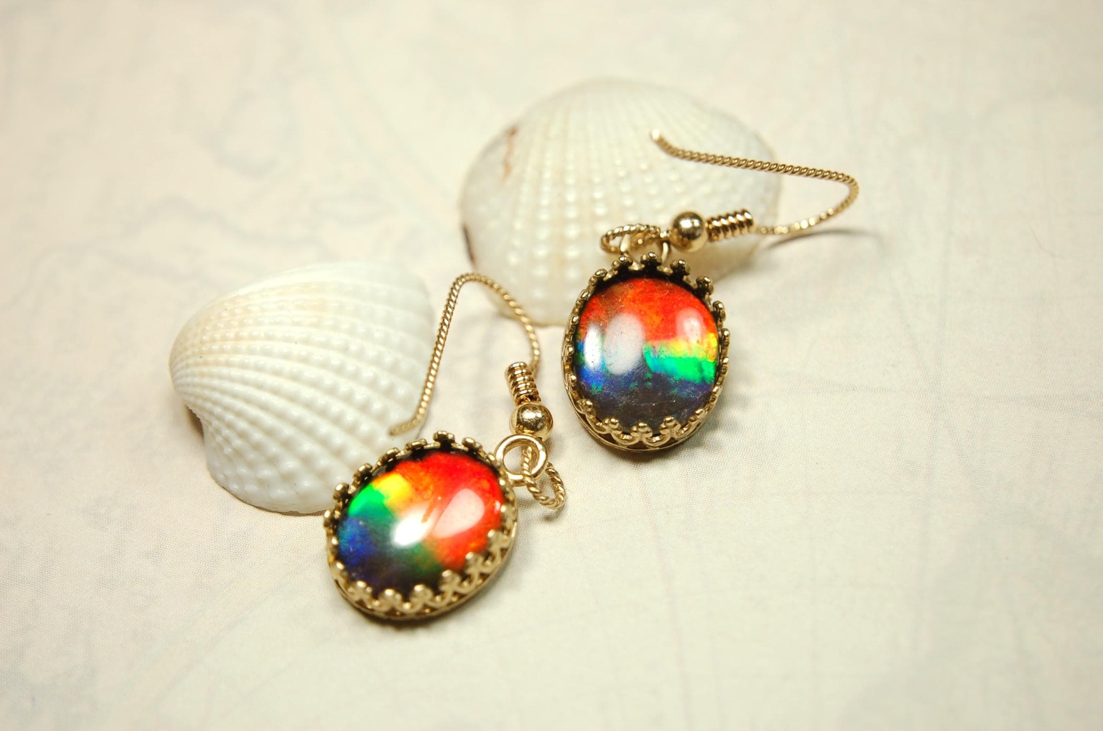 Exquisite Ammolite Earrings in 14k Gold.High Quality RARE Four Color Rainbow gems.Perfect gift Idea for wife..091214