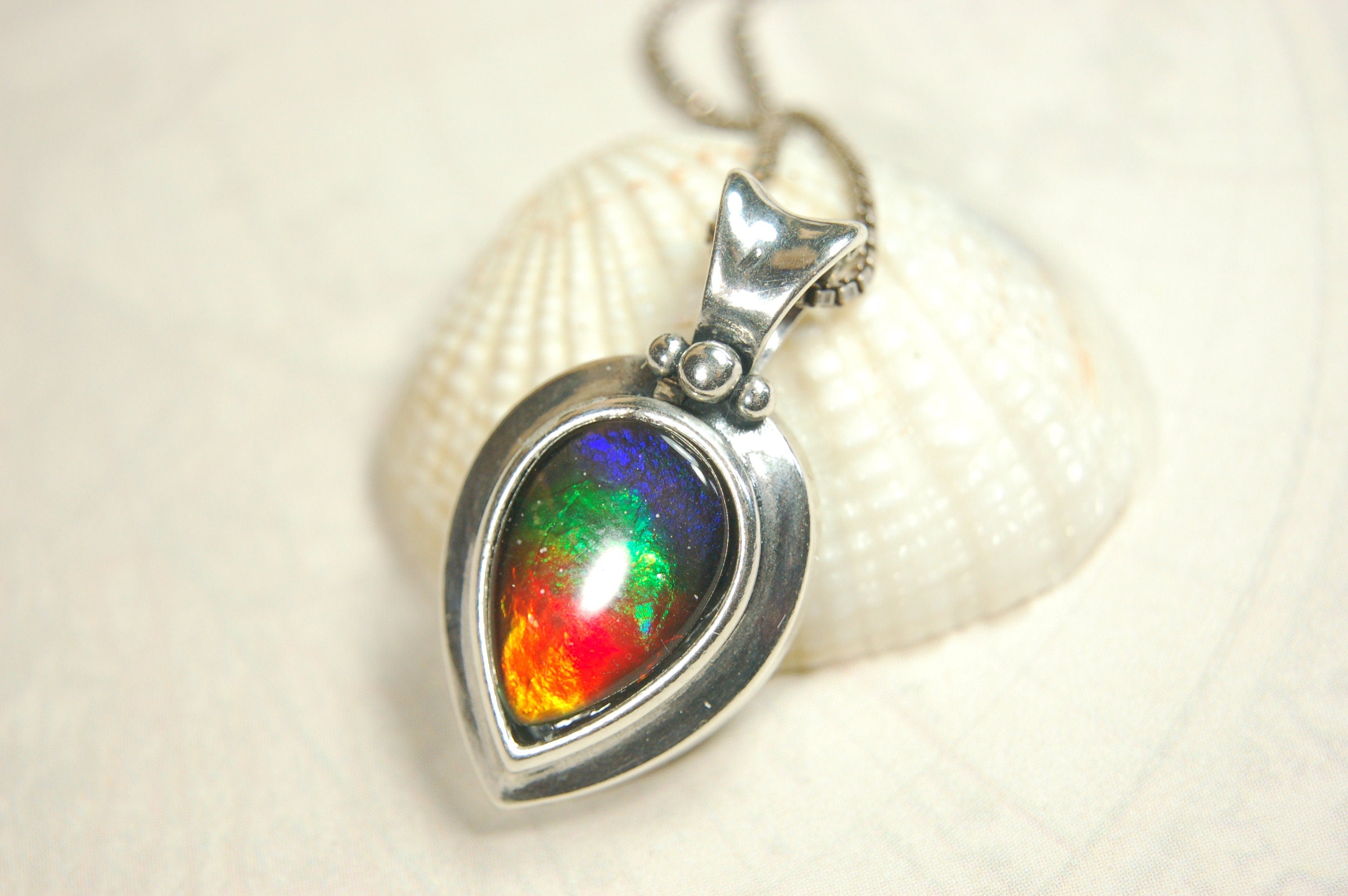 Ammolite Jewelry Rainbow Pendant Set in heavy sterling silver.High impact colors.Memorable gift.#030214
