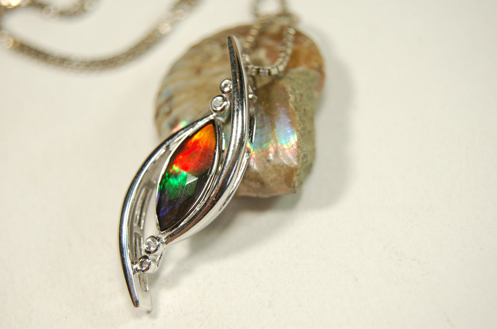 Ammolite jewelry Pendant from Canada.Colorful necklace.Rainbow three color gemstone.Perfect gift for wife.Beautiful setting.#042413