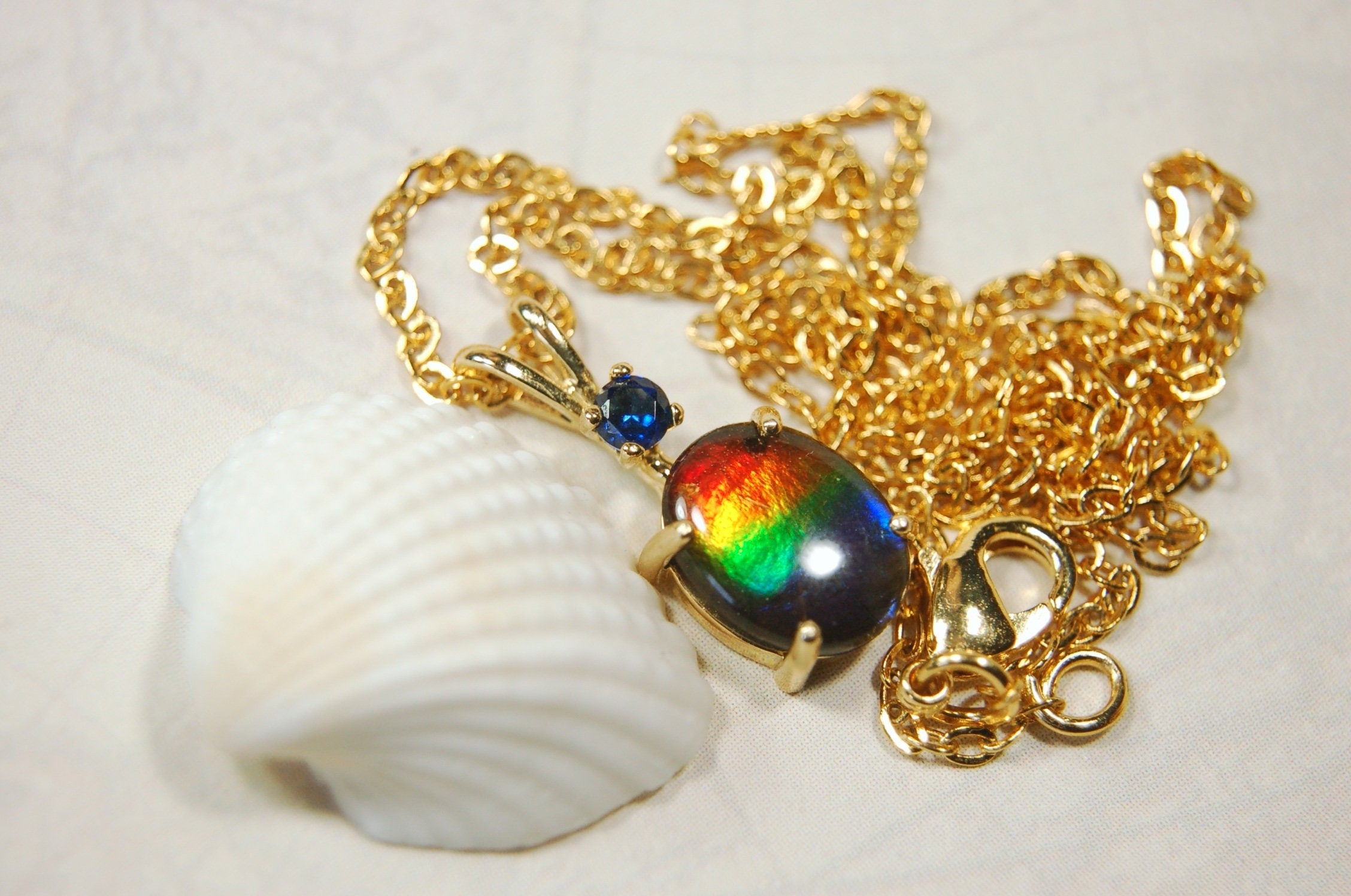 Petite Ammolite Jewelry Pendant in solid 10k Gold with Sapphire.Canadian Ammolite The Perfect Birthday Gift for Wife.032614