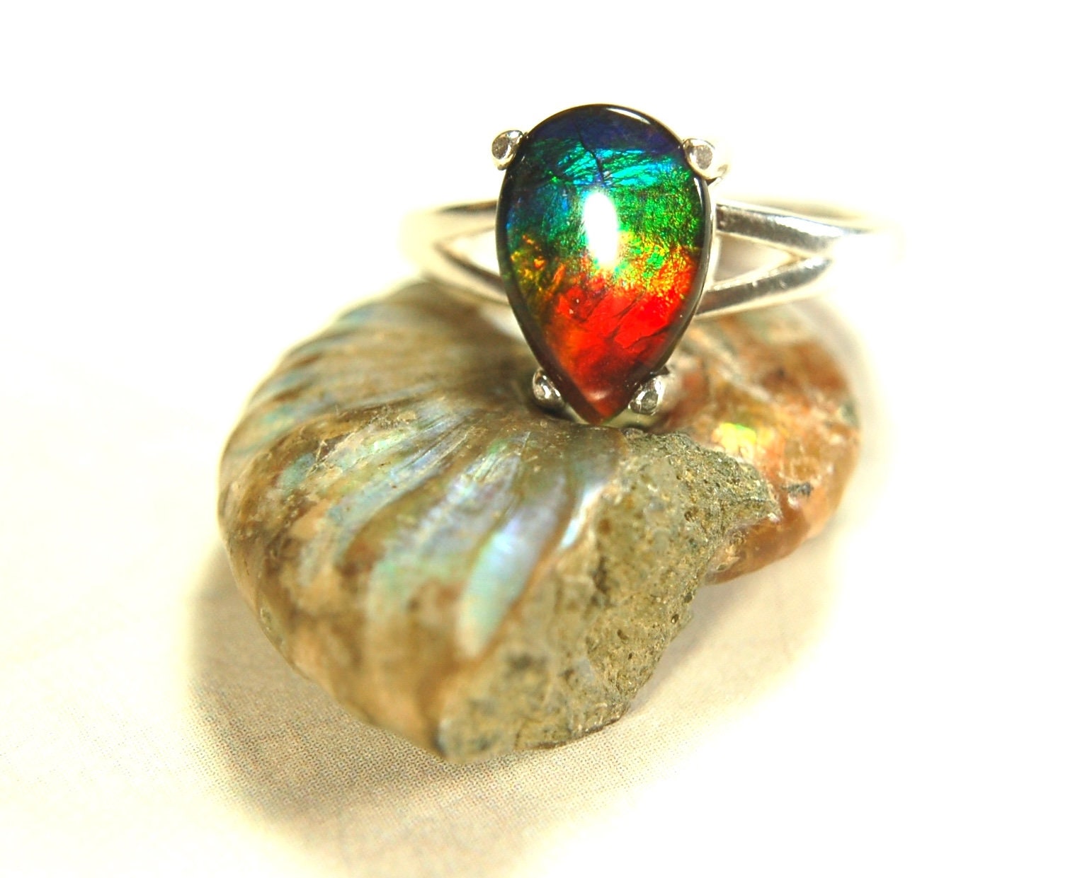 Ammolite Jewelry Ring with FIVE colors Pear Shaped Gem in Sterling Silver size 7.Birthday Gift for Wife?Rainbow color gem.032214
