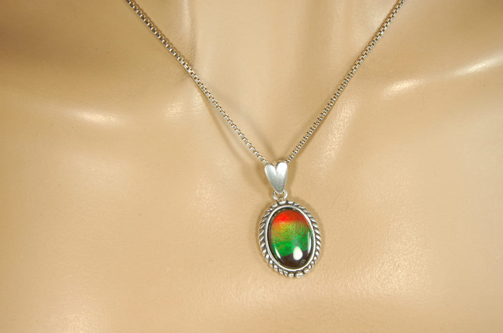 Ammolite pendant conveys a loving heartfelt message.Ammolite jewelry.Four color Rainbow ammolite.Ammolite necklace.Canadian ammolite.100301