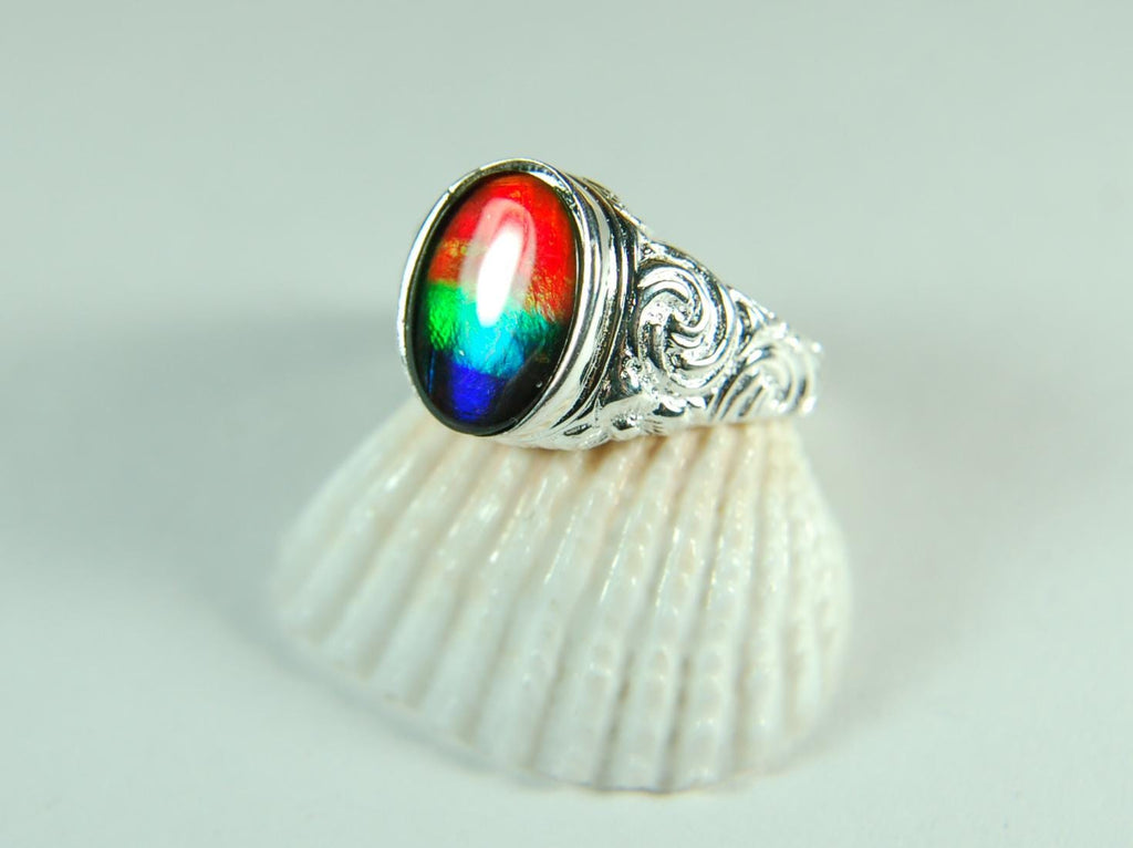 Ammolite Mens Ring.Size 12.Brilliant tricolor gem with rich deep changing colors.Solid sterling setting.011115