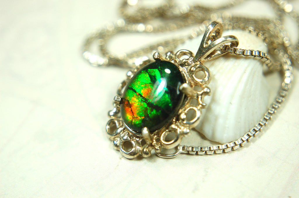 Ammolite Pendant Necklace Sterling Silver Jewelry.- 071015