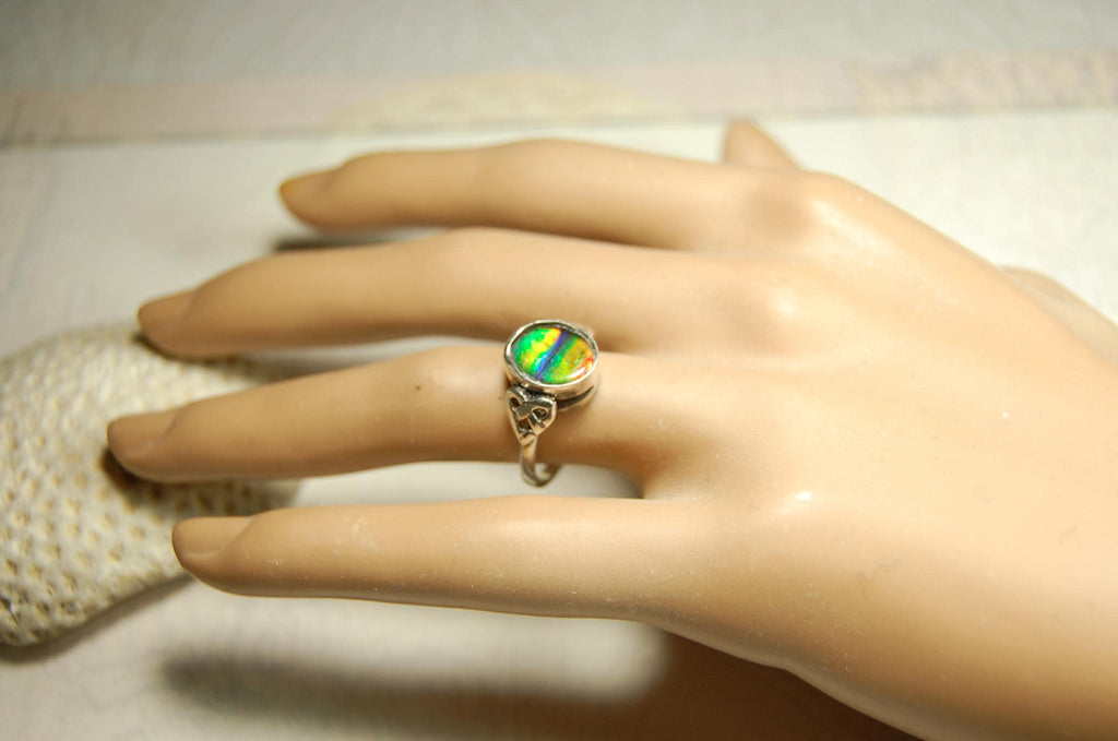 Ammolite ring with Celtic motif.Amazing RARE color scheme. One of a kind gift for wife.Sterling.Size7..031115