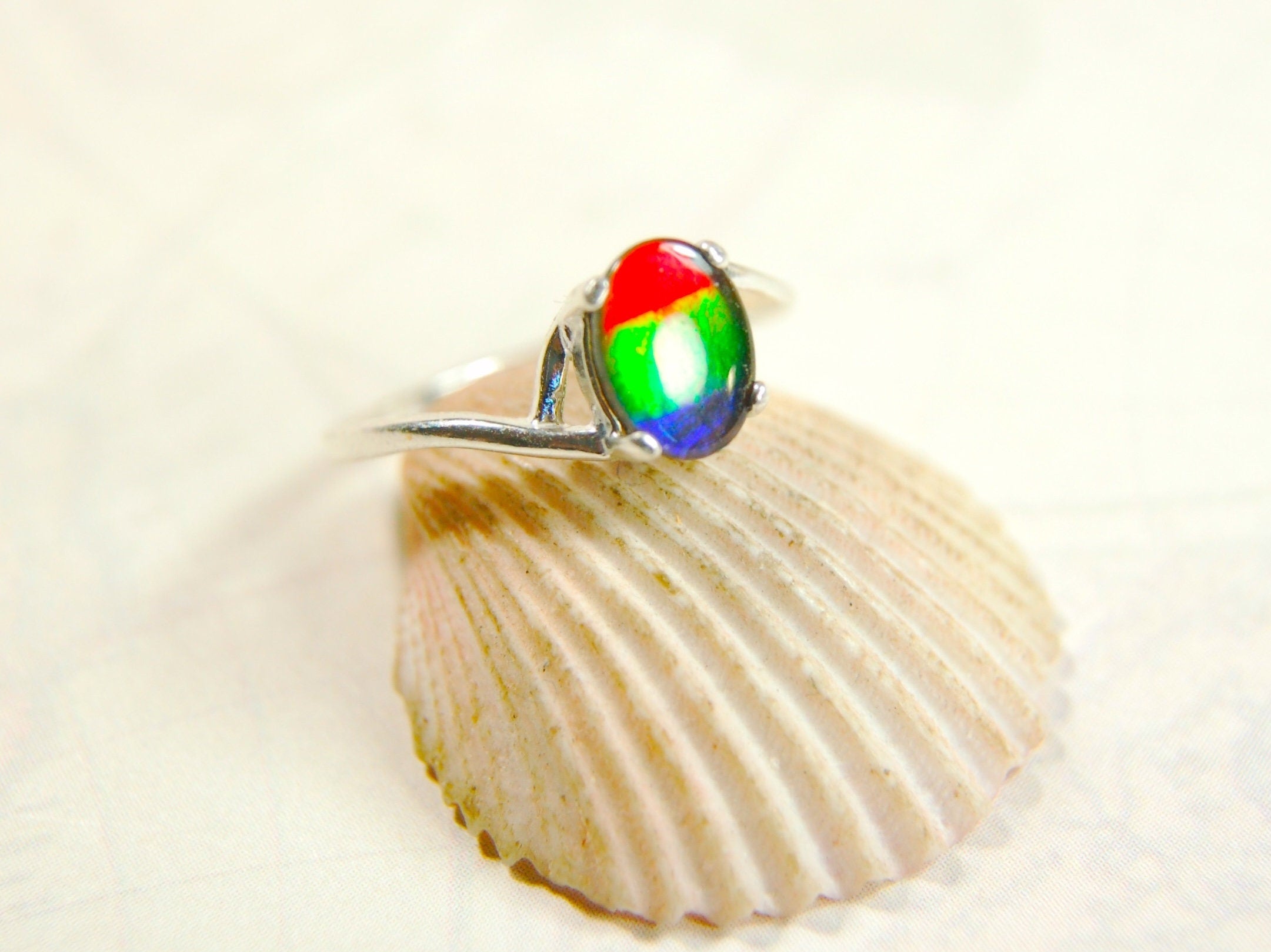 Dainty Ammolite Ring with four colors.Sterling silver ring for women.Size 6.Rare Iridescent Gemstone Necklace.Gift for wife.013114