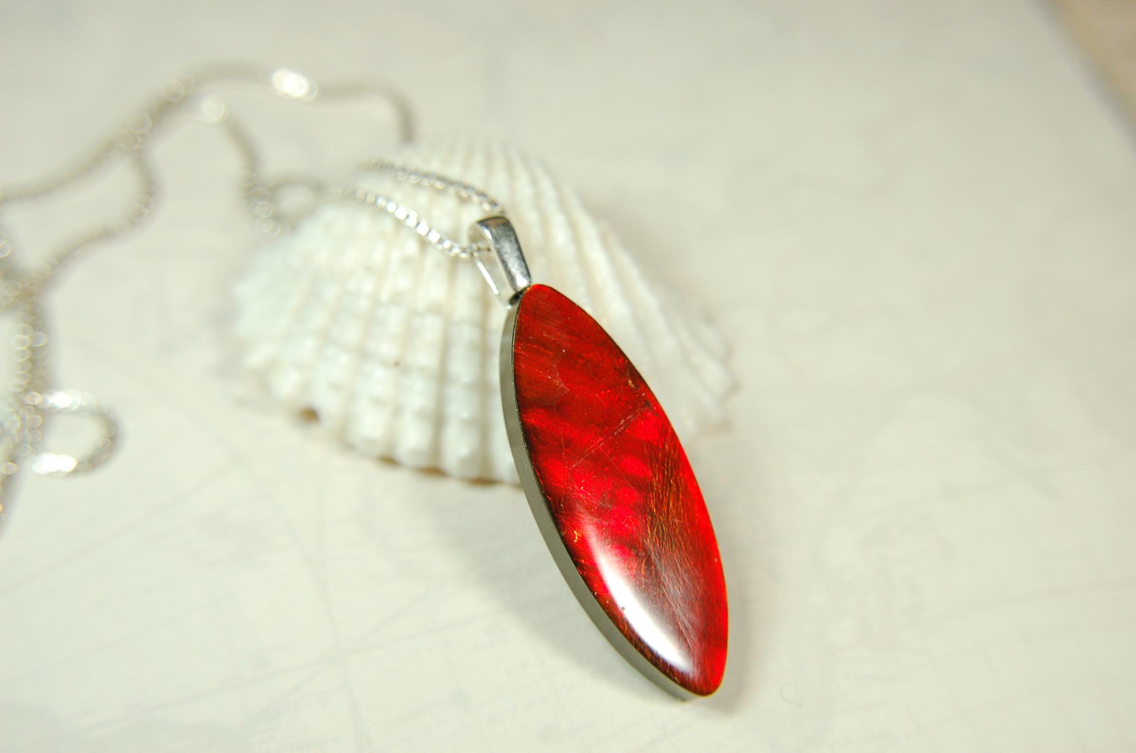Ammolite Pendant.All natural free form cabochon set as minimalist and unisex jewelry.Rich red Jewelry.Gift idea for wife.Boho Jewelry.020815