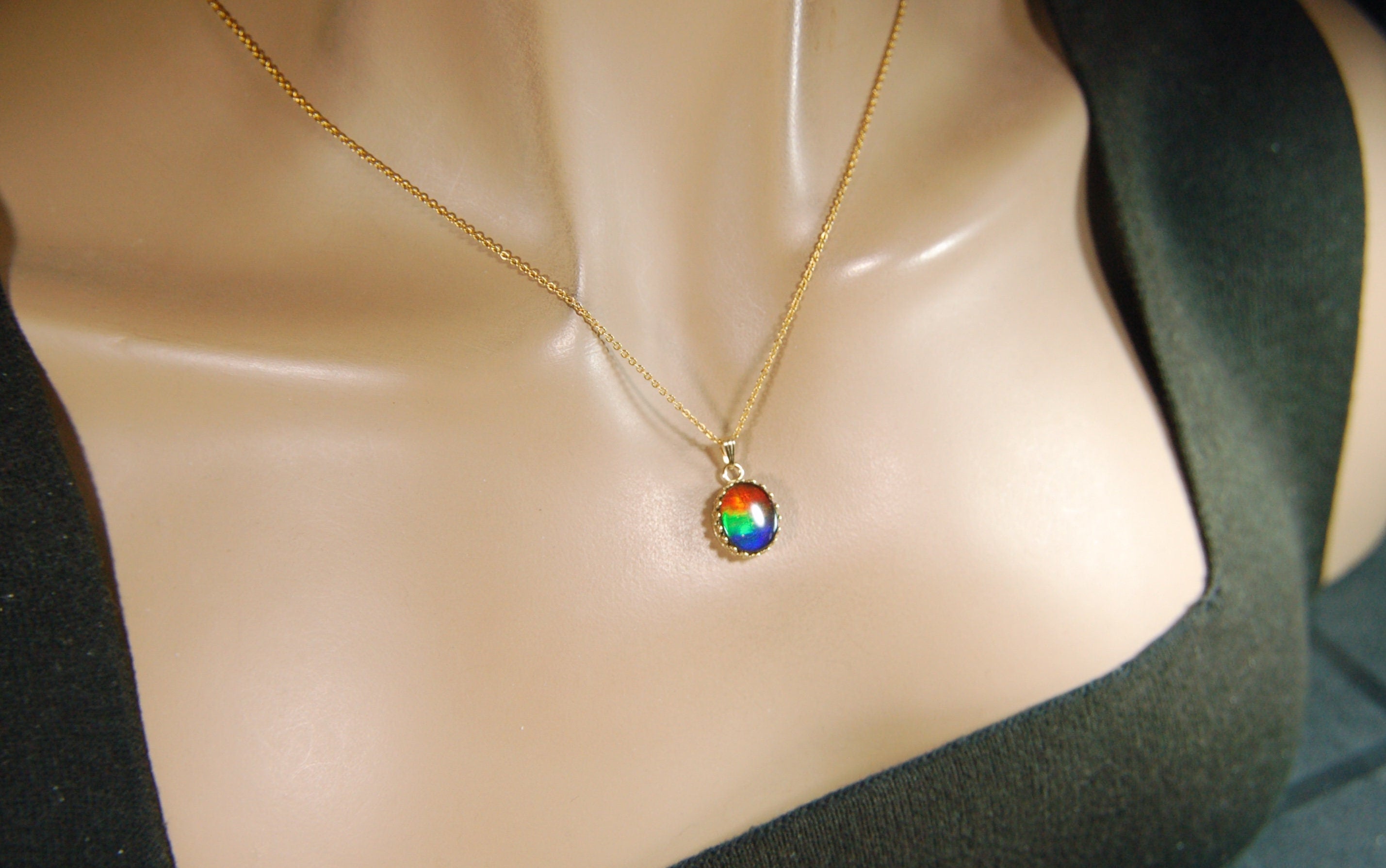Gold set Ammolite Pendant Necklace - Gorgeous Ammolite Jewelry Accessory for a Pop of Color! The perfect gift for her 012314