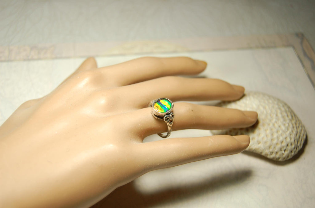 Ammolite ring with Celtic motif.Amazing RARE color scheme. One of a kind gift for wife.Sterling.Size7..031115