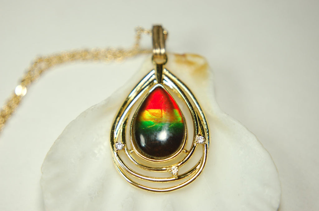 Birthday gift idea for wife.Ammolite Pendant Necklace in Gold Vermeil.RARE four colors. Ammolite jewelry for sale.Boho Jewelry.012915