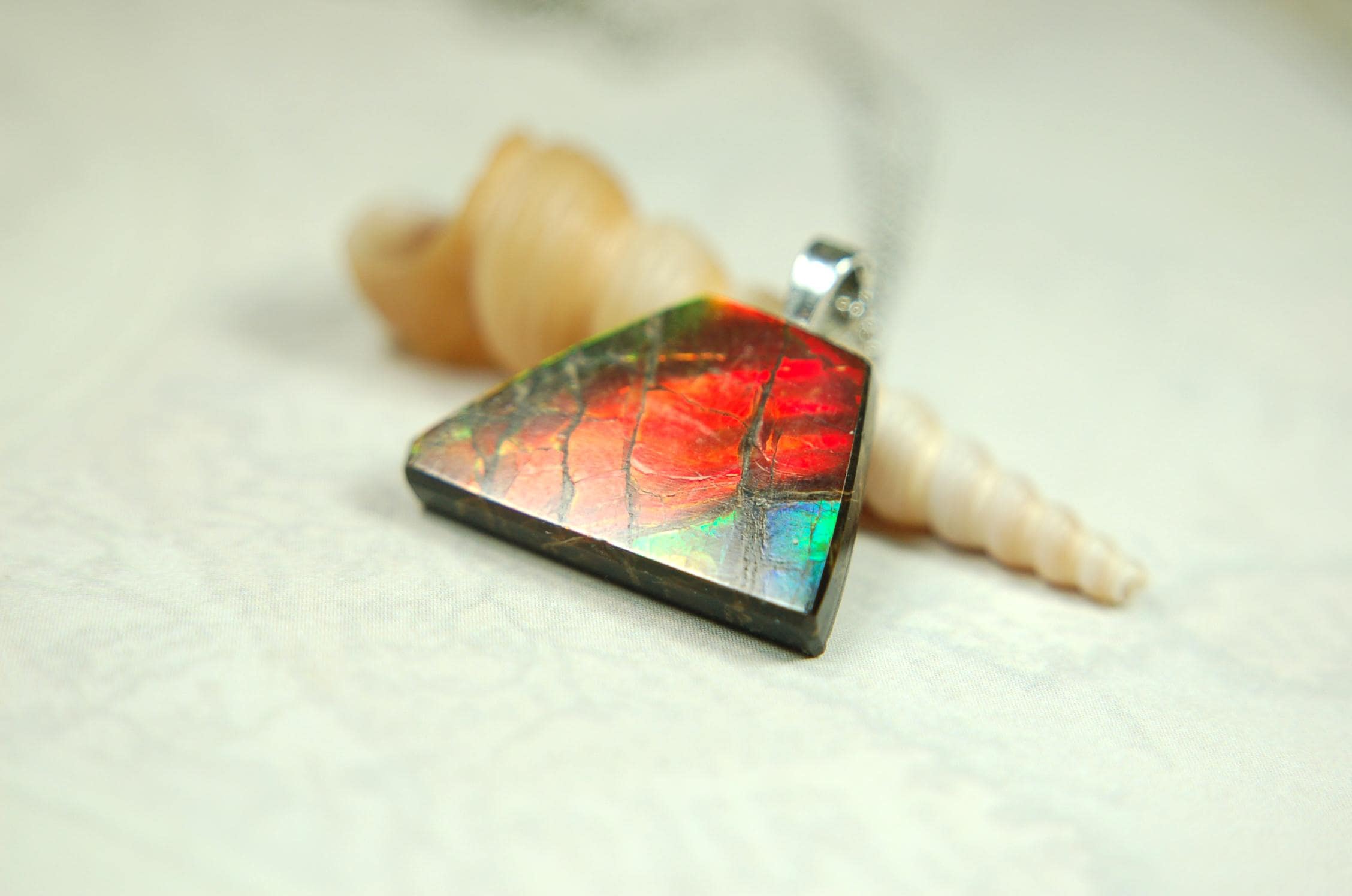 Natural Ammolite pendant with natural cabochon gem mined in Alberta Canada.070915