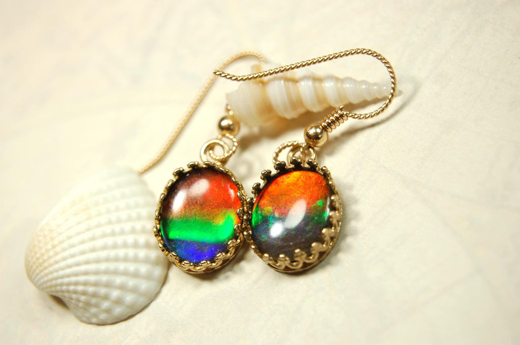 Exquisite Ammolite Earrings in 14k Gold.High Quality RARE Four Color Rainbow gems.Perfect gift Idea for wife..091214