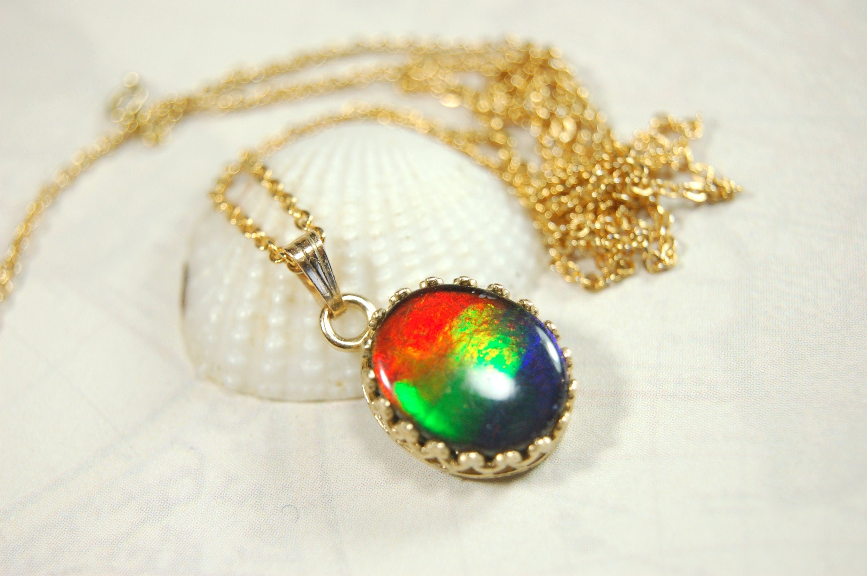 Gold set Ammolite Pendant Necklace - Gorgeous Ammolite Jewelry Accessory for a Pop of Color! The perfect gift for her 012314