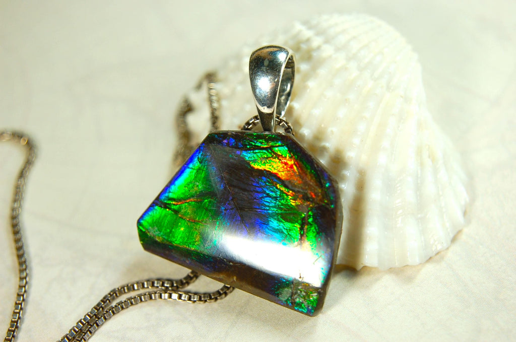 Ammolite Jewelry Pendant Certified Canadian Gem.Ammolite Freeform Gem.Unisex and minimalist Style Jewelry.Gift idea?Must see video. 081714