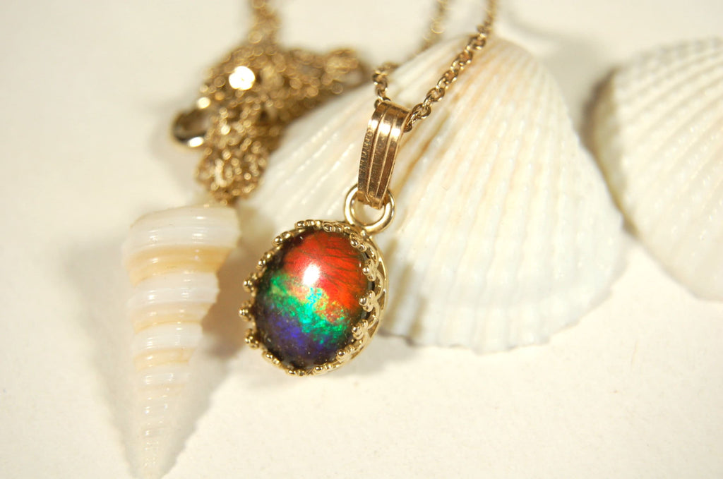 Gorgeous Ammolite pendant in 14k gold.Petite but powerful.Four color ammolite.Ammolite jewelry from Canada.Perfect gift. .060212