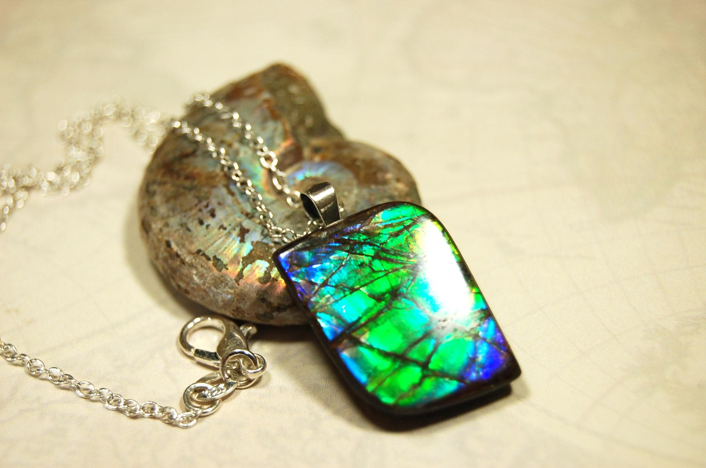 Ammolite Jewelry Pendant.Very high quality colors best seen in video.All natural cabochon gemstone from Alberta,Canada.031916