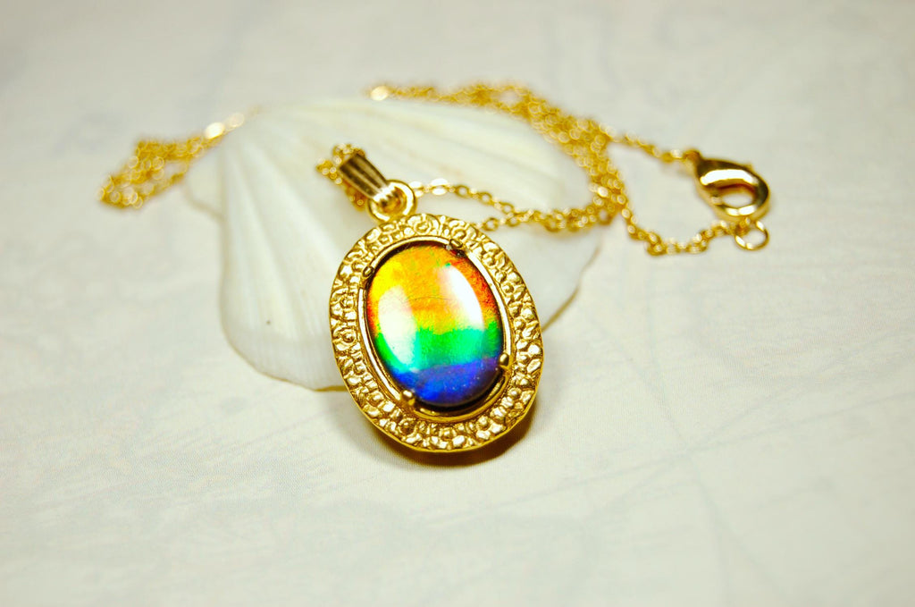 Ammolite pendant Anniversary gift idea for wife.Necklace set in 14kGF gold.Brilliant rainbow gem.Best seen in Video.033016
