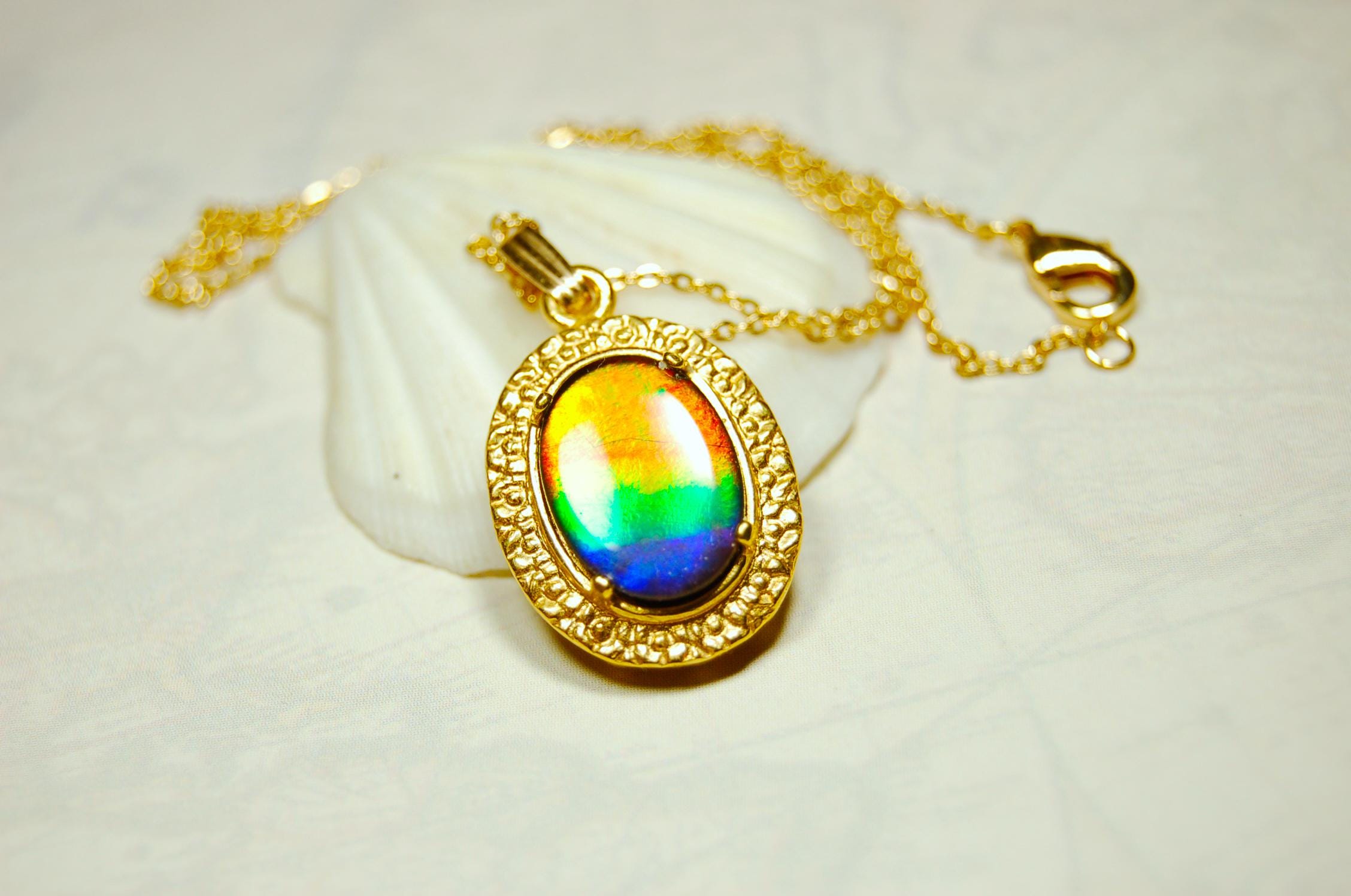 Ammolite pendant Anniversary gift idea for wife.Necklace set in 14kGF gold.Brilliant rainbow gem.Best seen in Video.033016