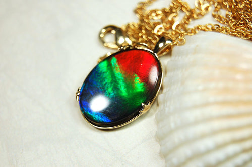 14k gold set ammolite pendant.Gift idea for wife?Rainbow colors.High quality Ammolite.090614