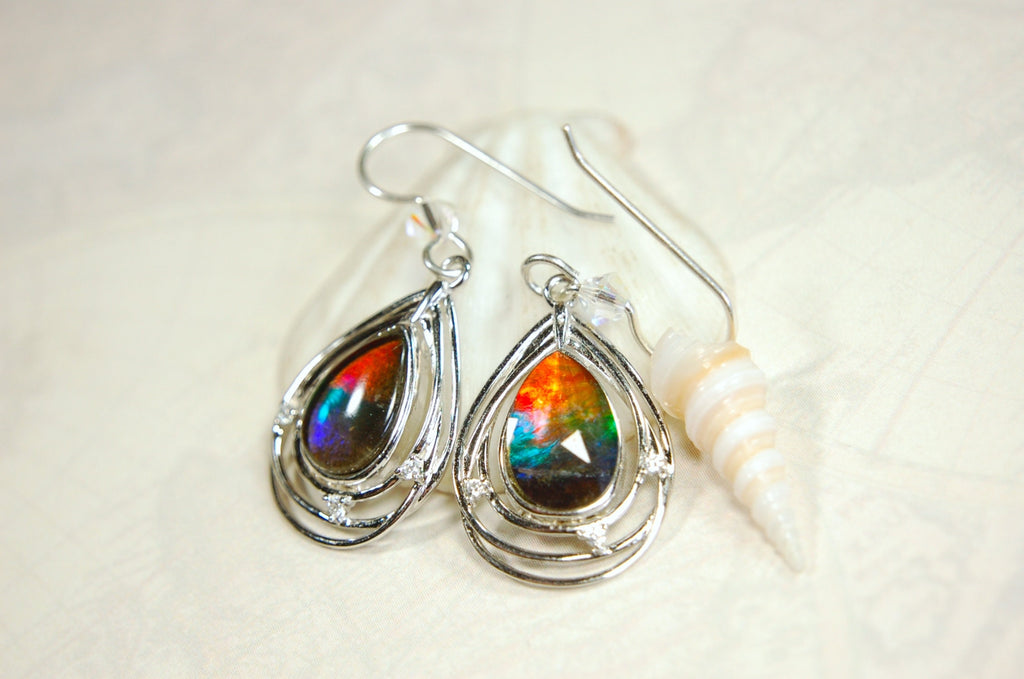 Birthday or anniversary gift idea for wife.Teardrop Ammolite Earrings – Sterling Silver, Swarovski Crystal Accents (12x8mm)
