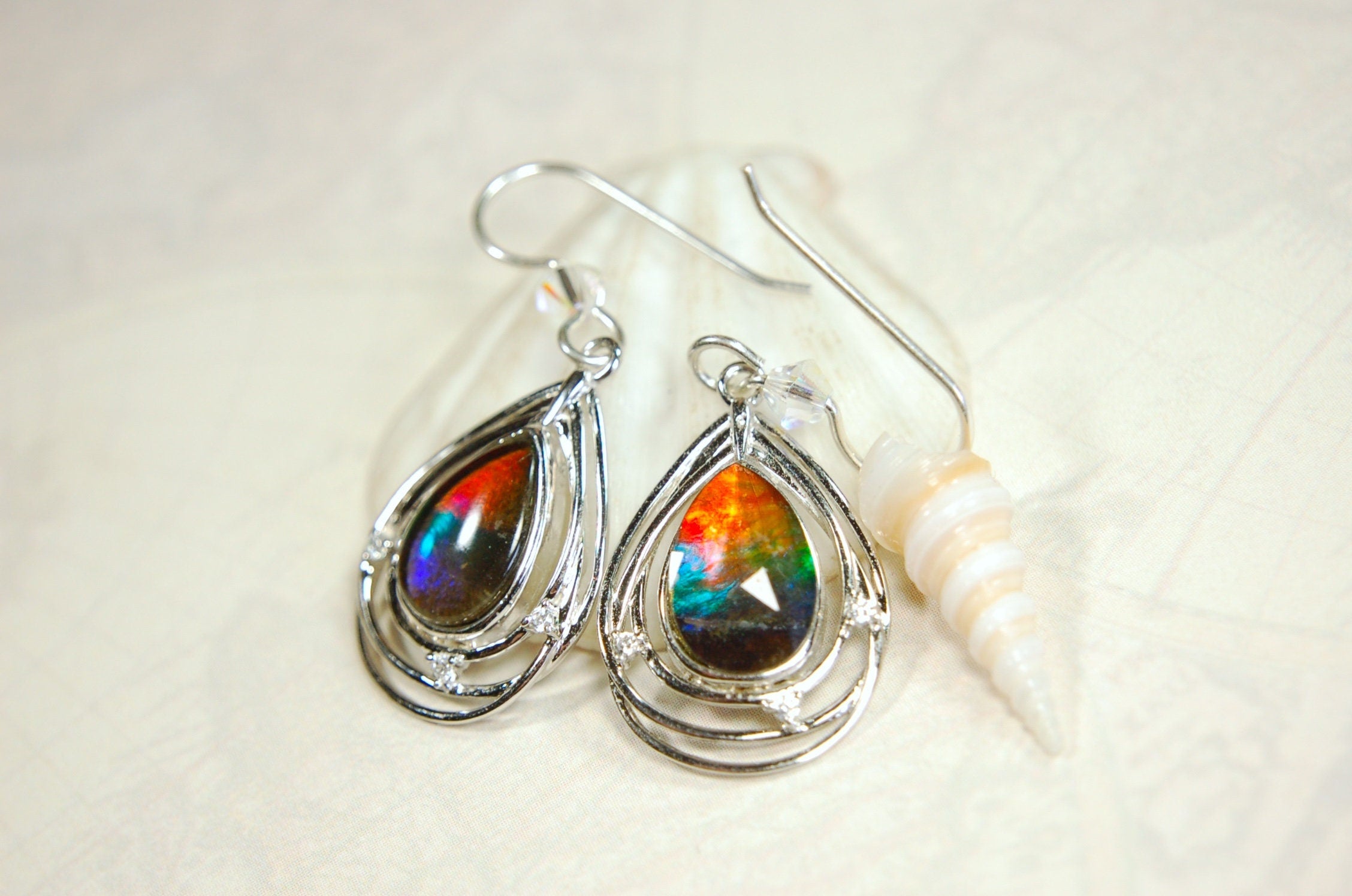 Birthday or anniversary gift idea for wife.Teardrop Ammolite Earrings – Sterling Silver, Swarovski Crystal Accents (12x8mm)