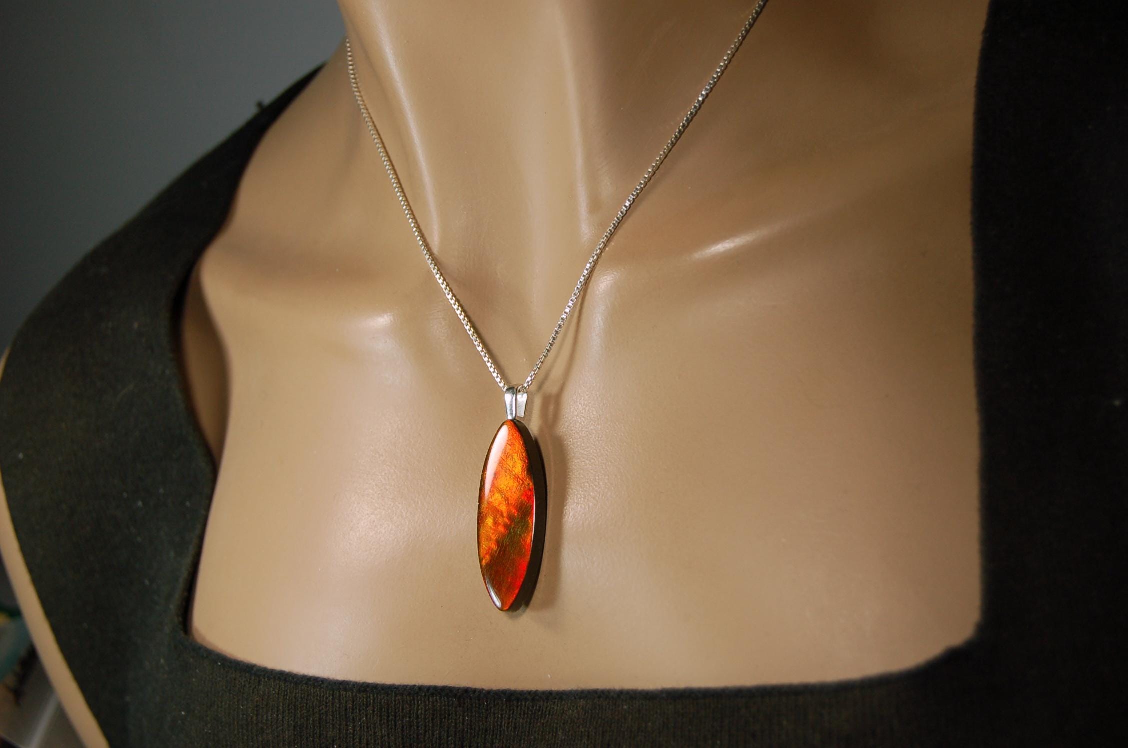 Ammolite Pendant.All natural free form cabochon set as minimalist and unisex jewelry.Rich red Jewelry.Gift idea for wife.Boho Jewelry.020815