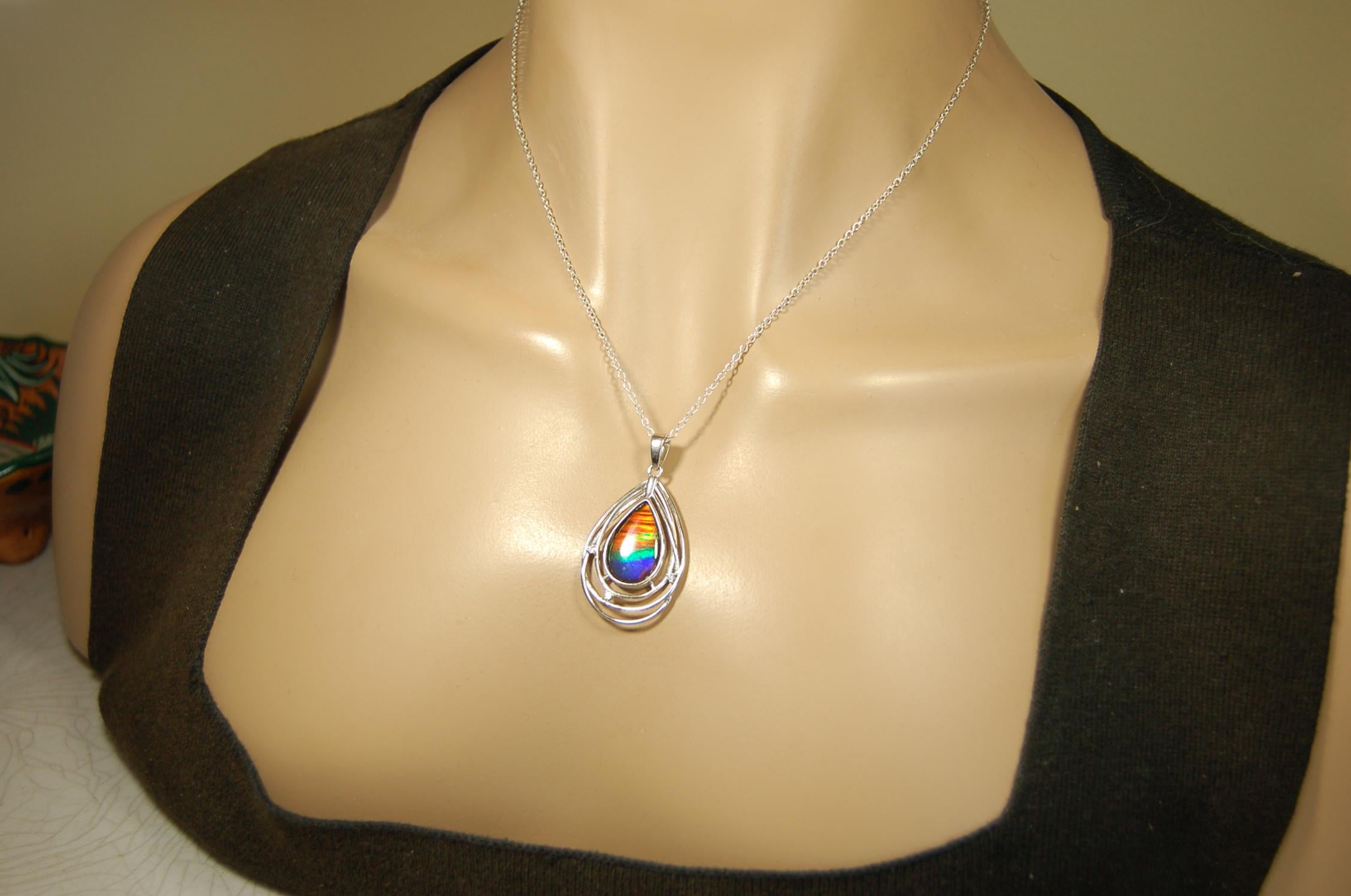 Ammolite Jewelry Pendant.RARE Tiger stripe gem.Unique gemstone.Non Allergenic Rhodium plated Sterling Silver setting.Gift for wife? 032916