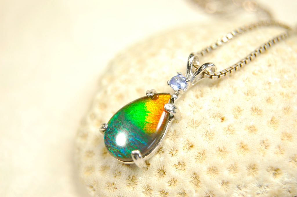 Ammolite Pendant in Sterling Silver with Tanzanite Gem Stone.Rainbow gem.Birthday gift for Wife?Metaphysical powers.032114