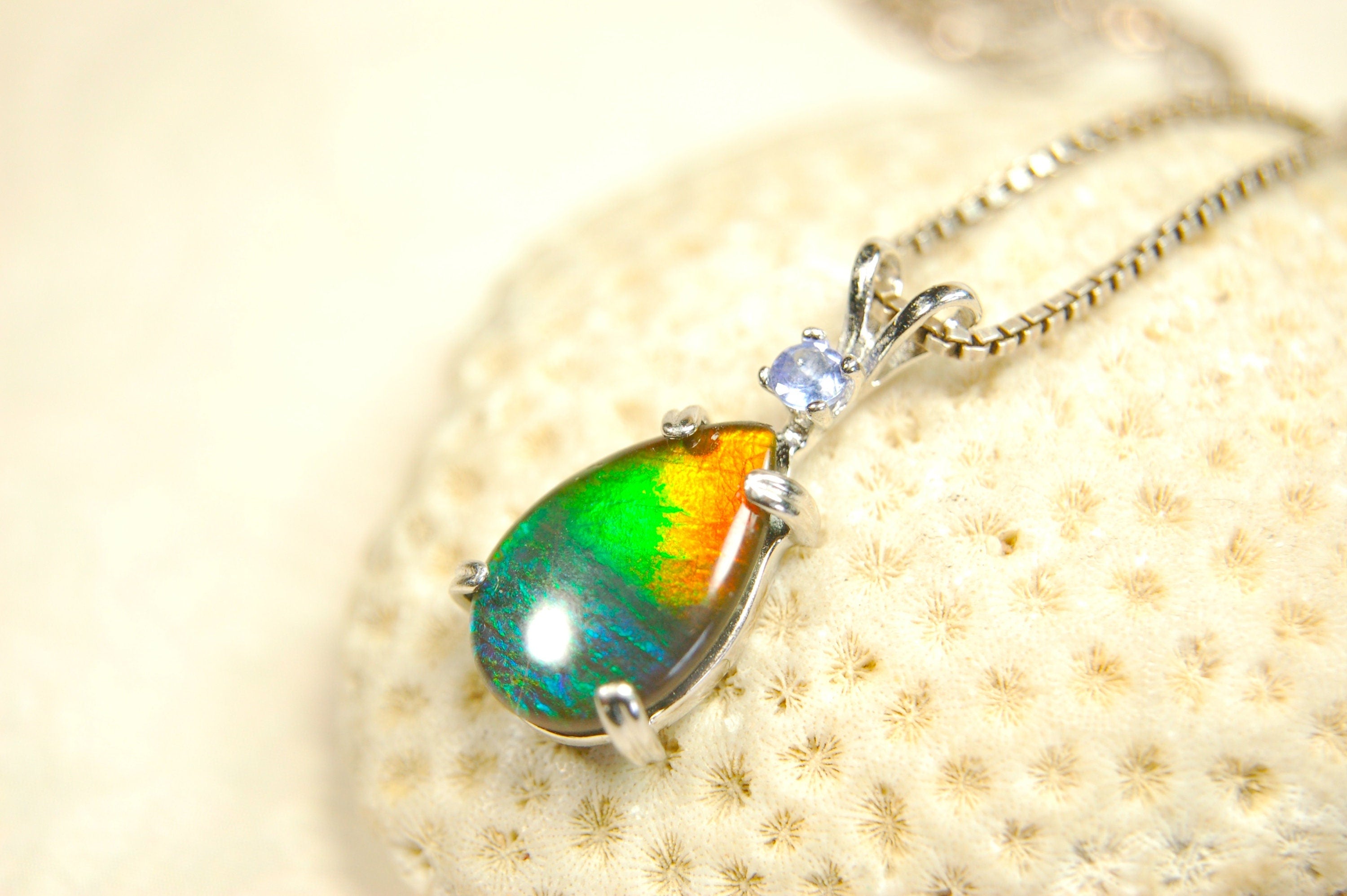 Ammolite Pendant in Sterling Silver with Tanzanite Gem Stone.Rainbow gem.Birthday gift for Wife?Metaphysical powers.032114