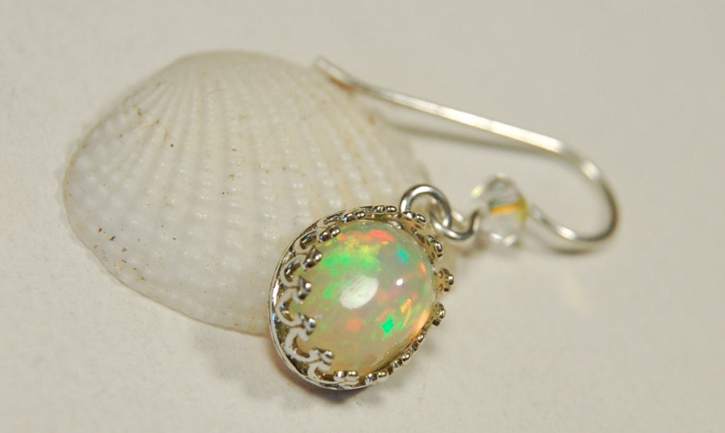 Genuine Natural Opal Earrings Drops set in Argentium* non tarnish Sterling Silver.Lovely changing colors.#032813