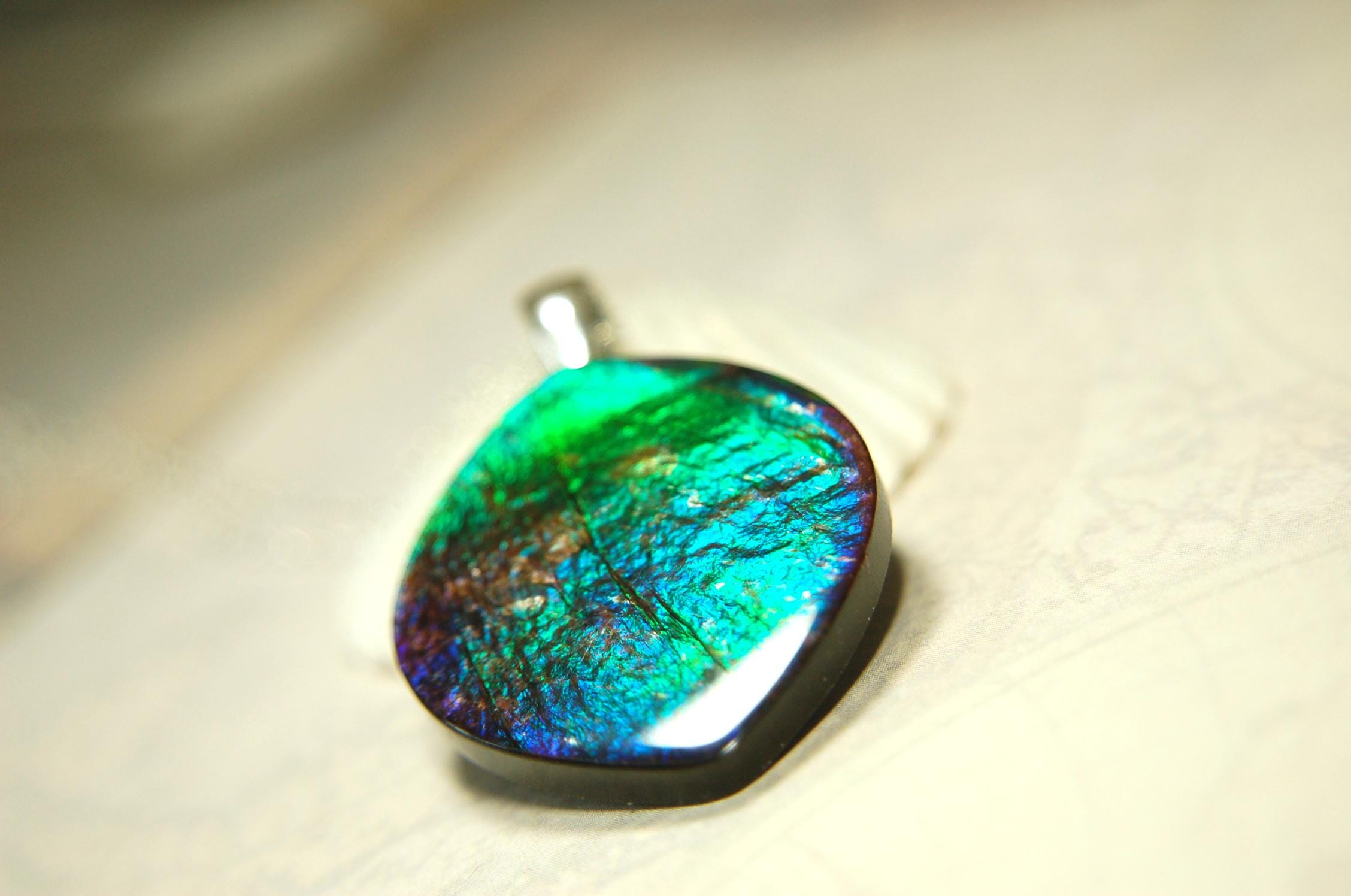 Ammolite pendant for lovers of green this is the one.High quality genuine gem from Alberta Canada.Big impact pendant.021226